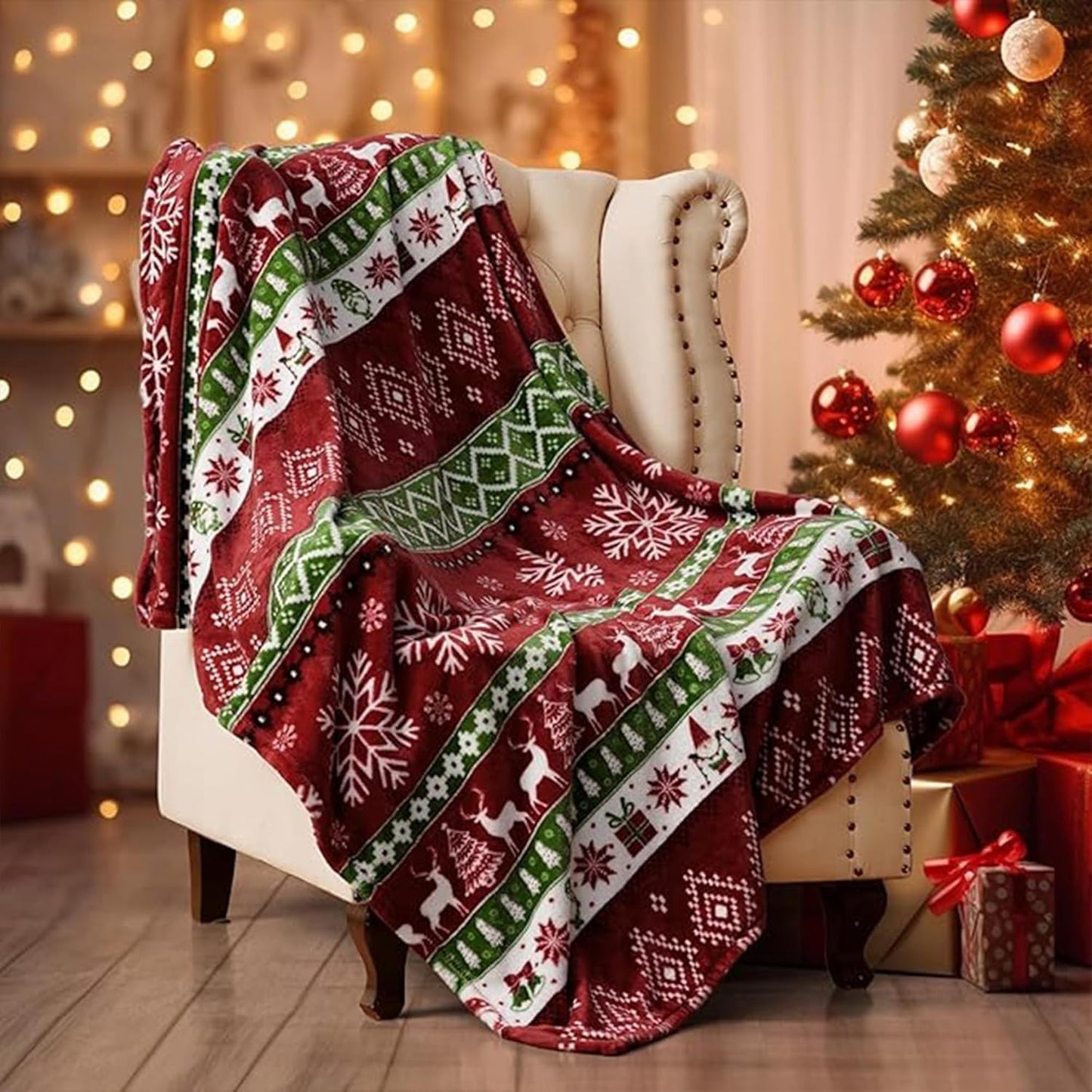 DIYKST Christmas Throw Blanket with Snowflake and Reindeer Pattern, Red Green White Holiday Design
