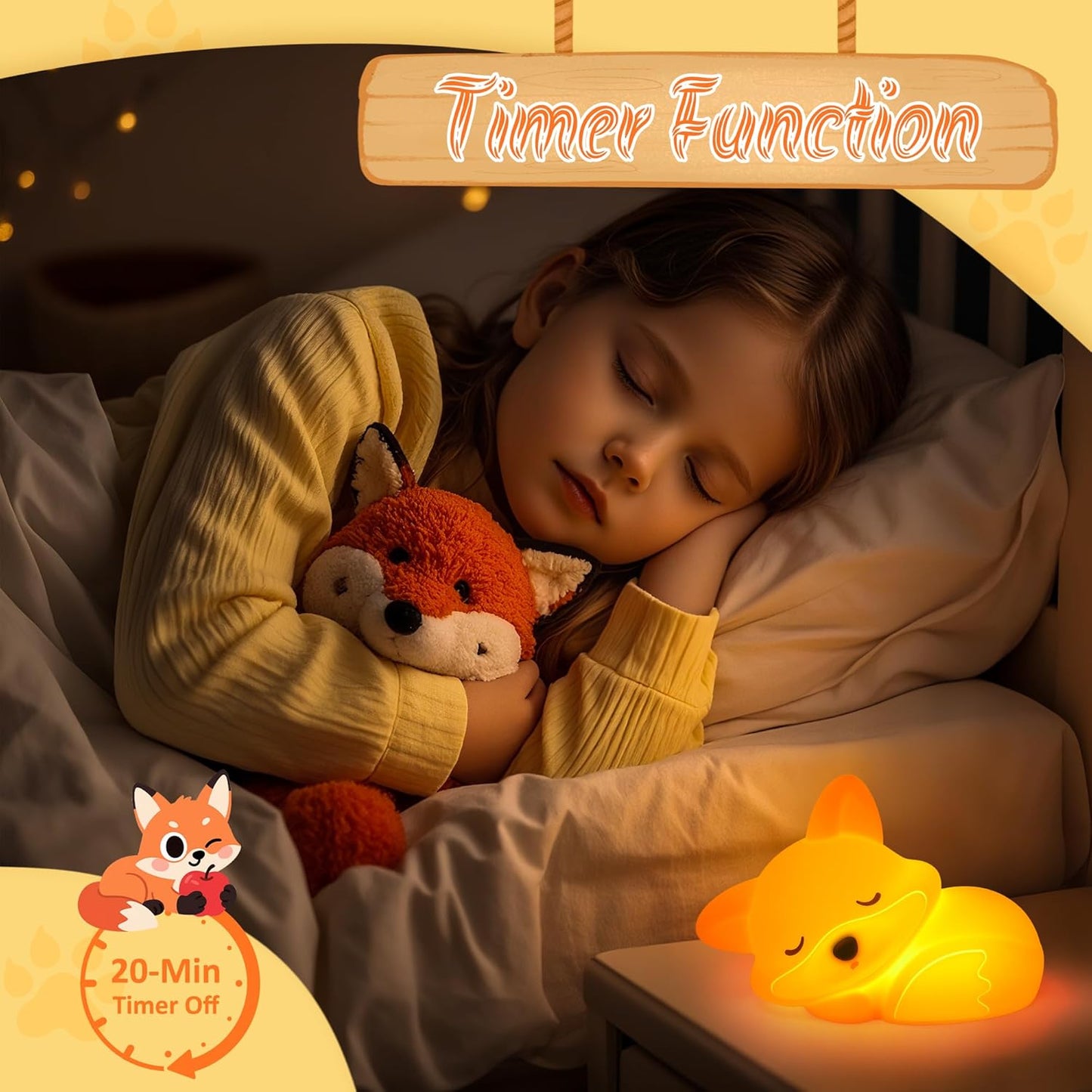 YuanDian Fox Night Light, Squishy Fox Silicone Lamp Novelty Gifts, Rechargeable Dimmable Timer Bedside Touch Nightlight for Breastfeeding Toddler Baby Kids