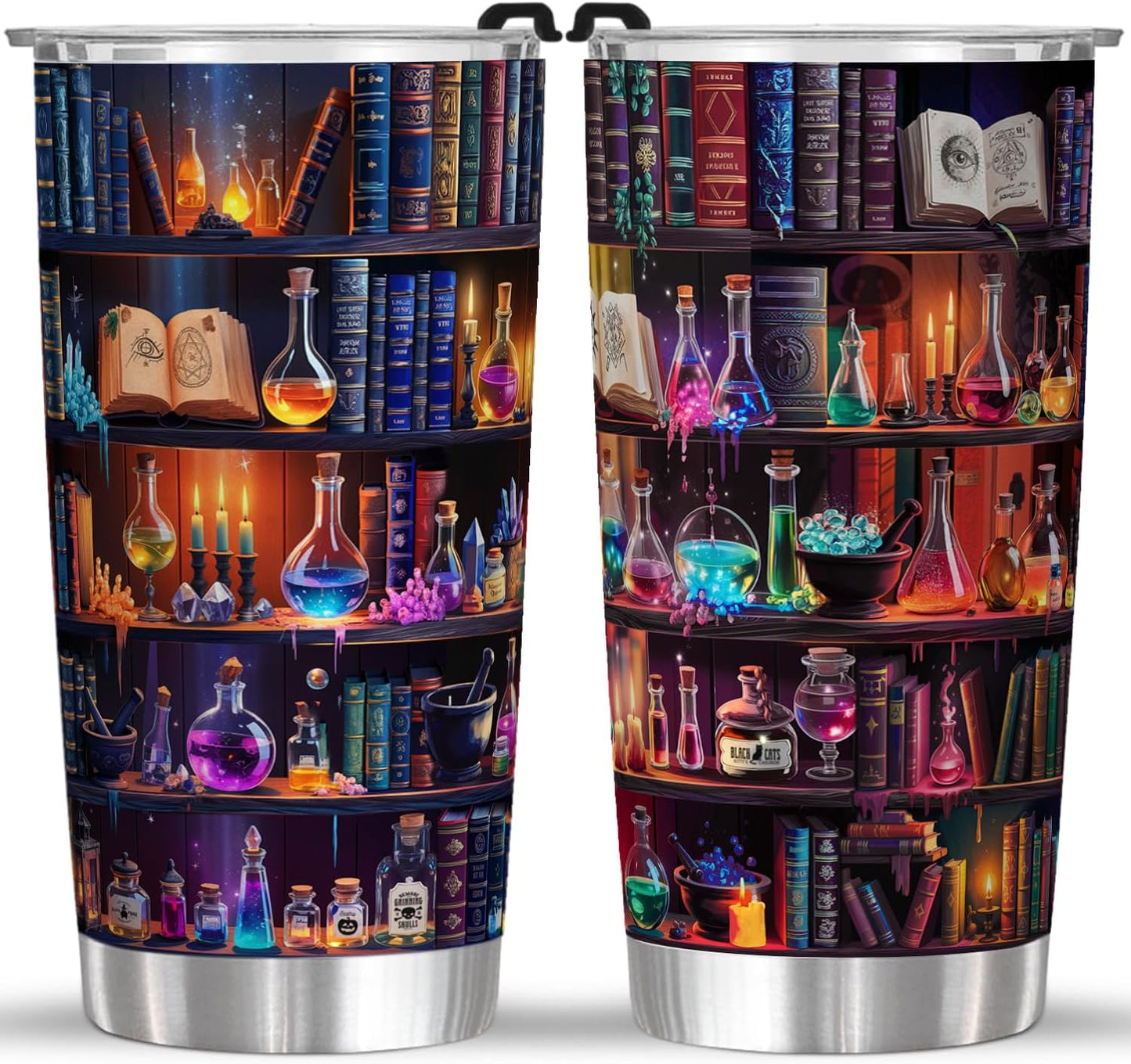 Book Lovers 20oz Stainless Steel Tumbler – Colorful Bookshelf Design Cup – Insulated Travel Mug with Lid – Gift for Readers, Fantasy Lovers, Halloween, Christmas