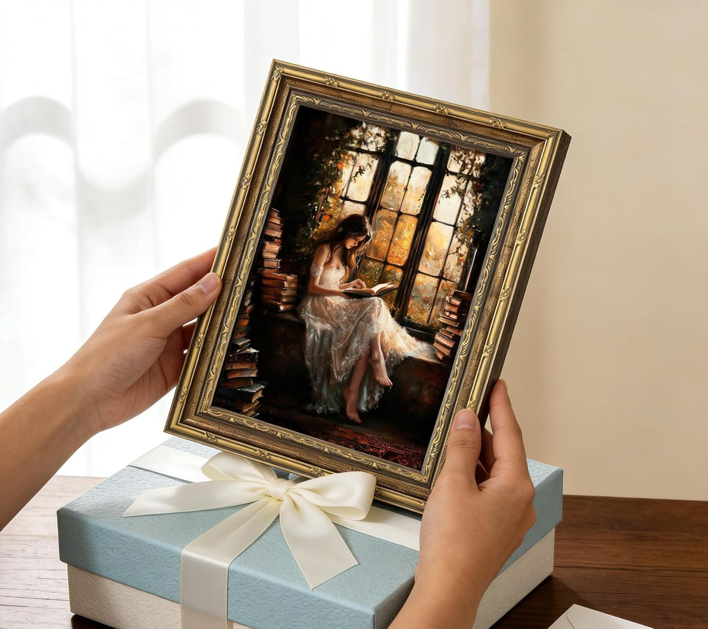 Gold Framed Canvas Wall Art, Vintage Woman Reading Book Painting Picture Wall Decor, Dark Victorian Preppy Poster Print Artwork for Bedroom, Living Room, Study Office, Home Decoration 9x11inch