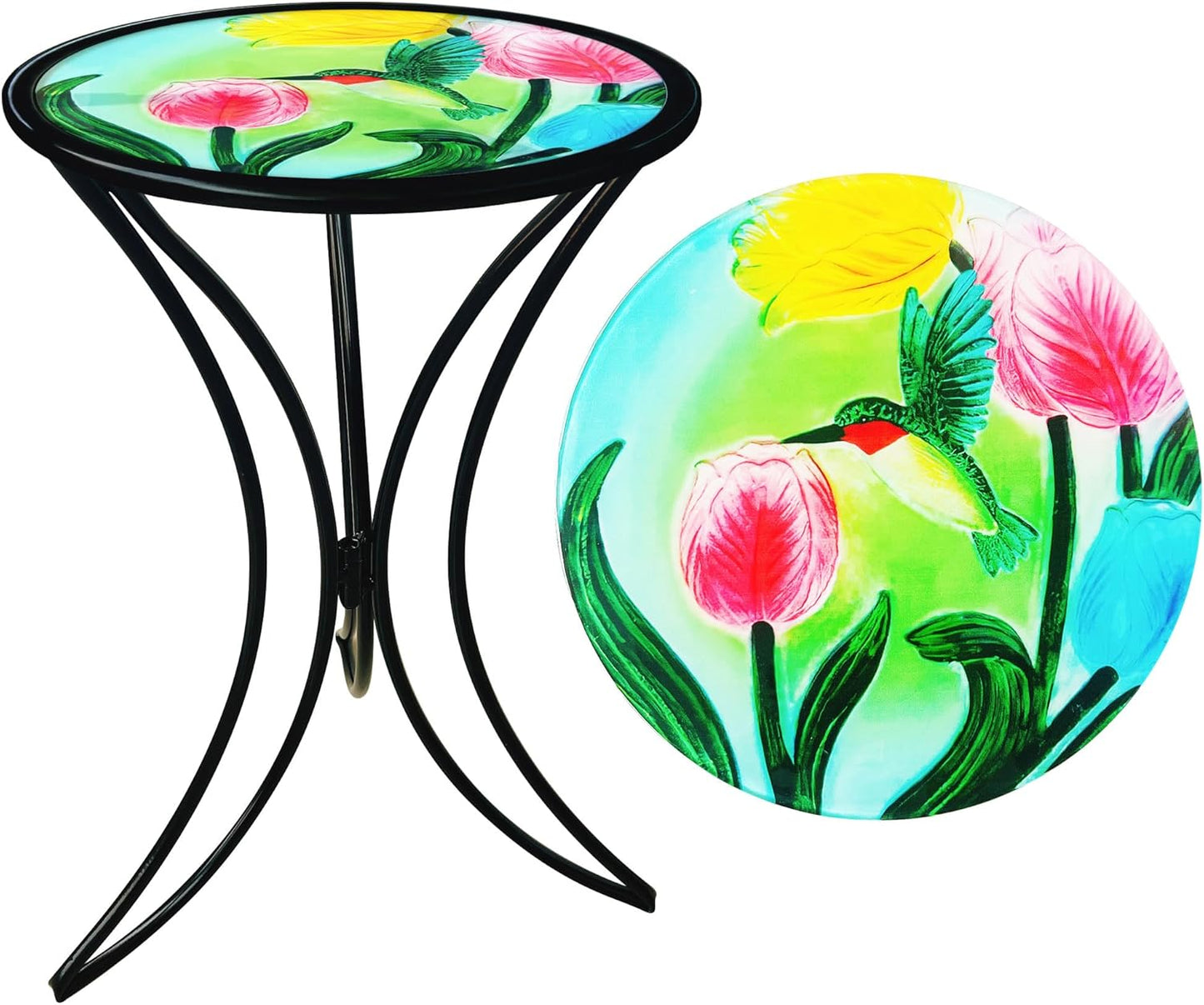 J-Fly 12 Inch Outdoor Side Table, Round Patio Accent Indoor End Table with Glass Top & Metal Base for Living Room, Office, Balcony, Tulip Hummingbird Indoor Furniture Christmas Decor(20" Height)