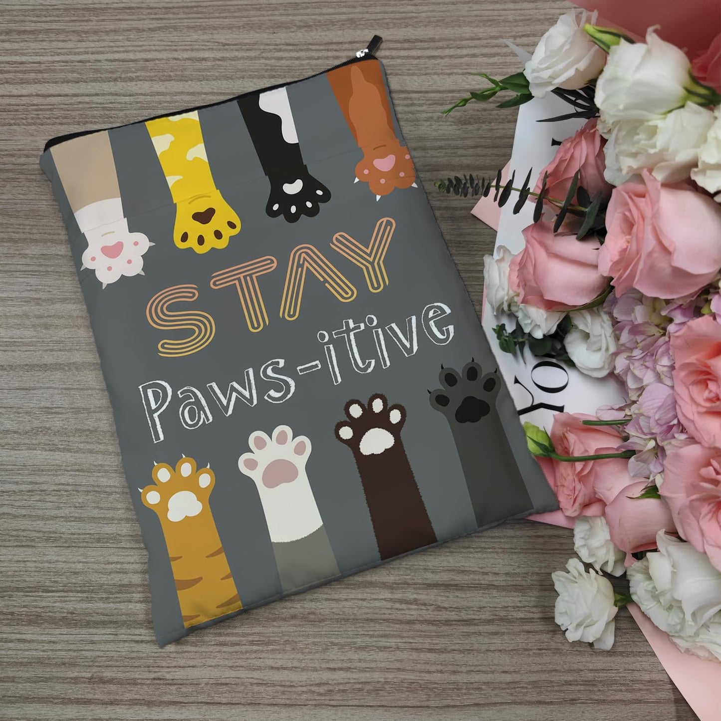 Book Sleeve, Book Covers with Zipper, Funny Cat Book Lovers, Gifts for Women Teacher Librarian Bookworm Bookish- Easily Distracted by Cats and Books (Grey, Large)