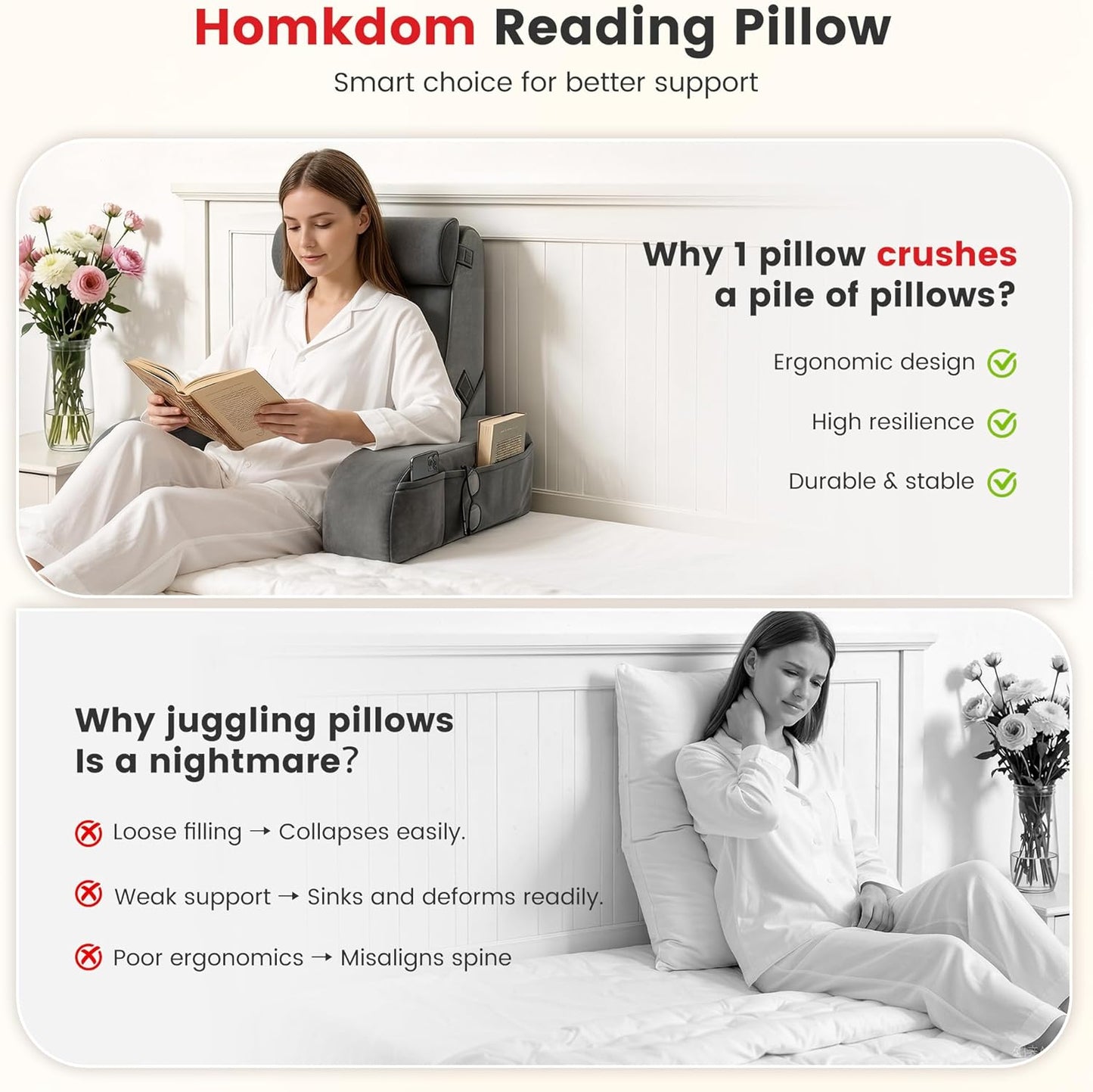 Reading Pillow for Sitting in Bed Adult, 20" Back Pillow for Bed Sitting up with Armrests & Storage Pockets, Ergonomic Wedge Pillow for Watching TV, Gaming, Working, Recovery, 5PCS, Grey