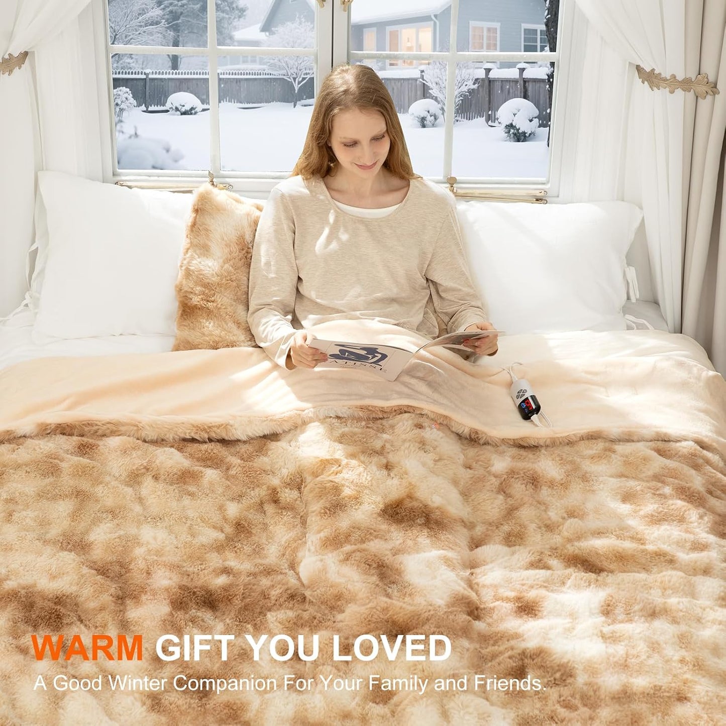 Faux Fur Heated Throw Blanket for Couch - 50"X60" Bubble Faux Fur Electric Blanket Fluffy Fuzzy Soft Thick with 6 Fast Heating Levels & 4 hrs Timer Settings, Washable & ETL Certified, Tie-Dye Beige