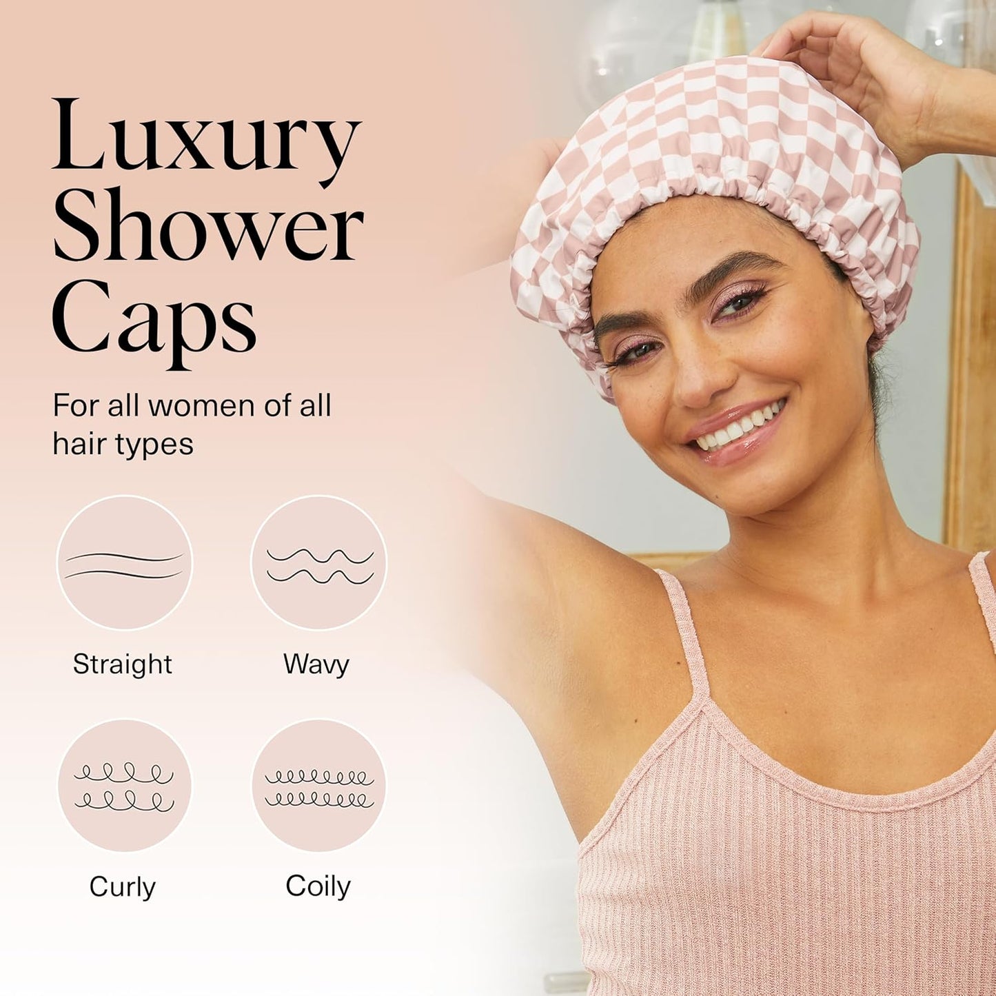 Kitsch Luxury Satin-Lined Flexi Shower Caps for Women Reusable Waterproof - Large Wide Shower Cap for Women & Men, Adjustable, Stylish Hair Cap for Showers, For Long & Short Hair - Terracotta Checker