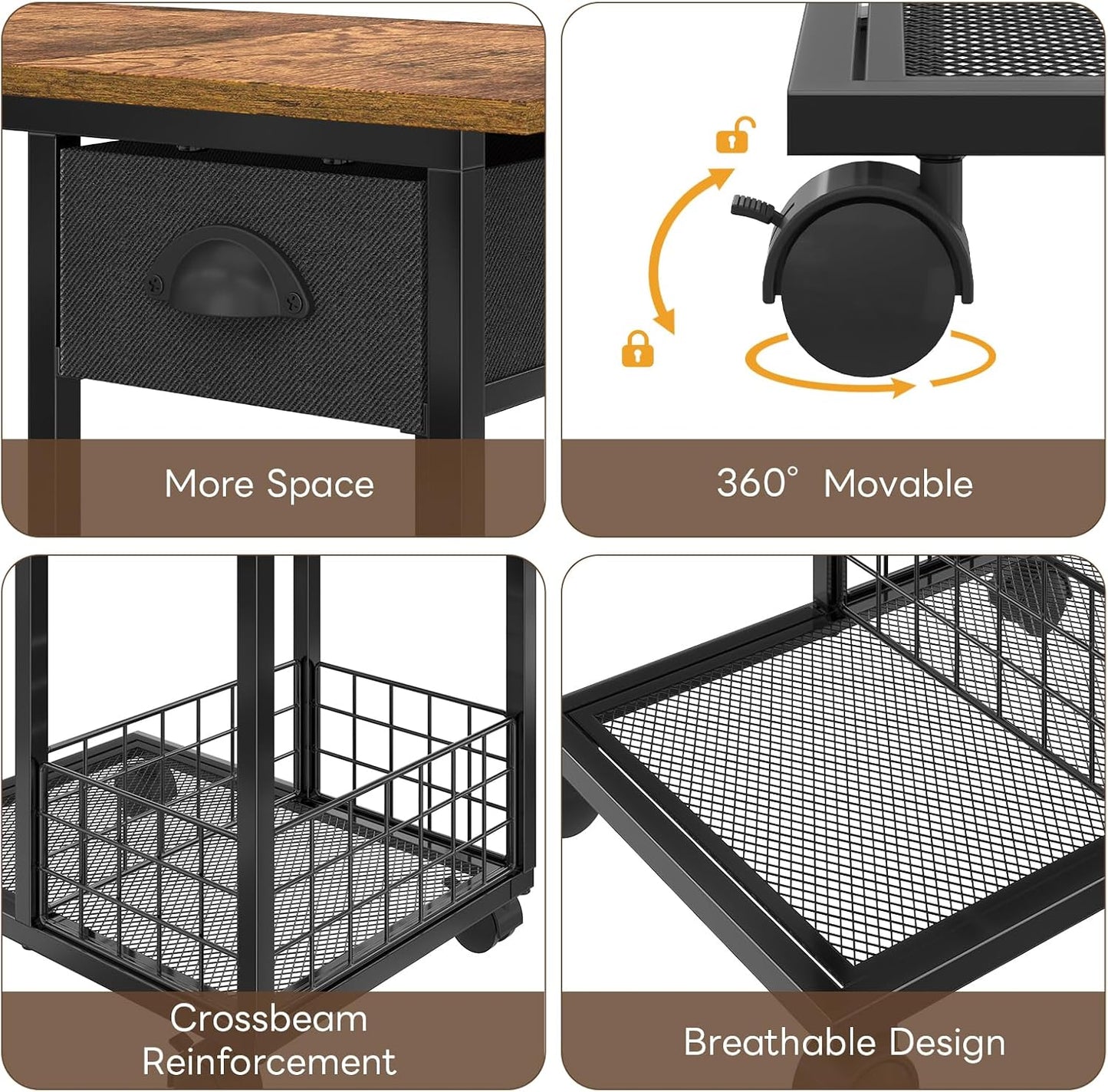 3-Tier C-Shaped End Table with Drawer — 360° Rotation, Wheels, Space-Saving TV Tray for Living Room / Bedroom