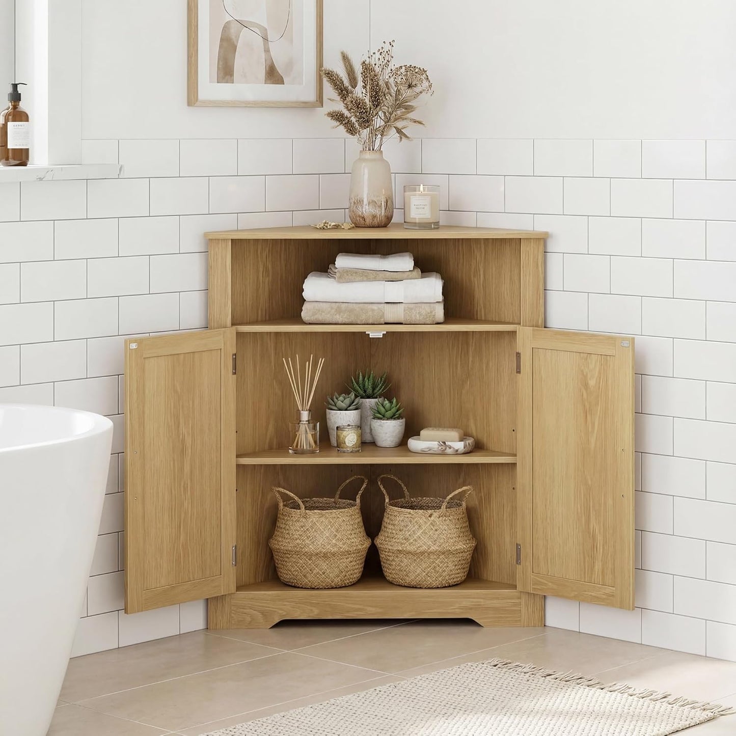 Smuxee Bathroom Corner Cabinet, Floor Corner Storage Cabinet with Fluted Door and Adjustable Shelf, Wooden Narrow Cabinet Organizer for Bathroom, Kitchen, Living Room