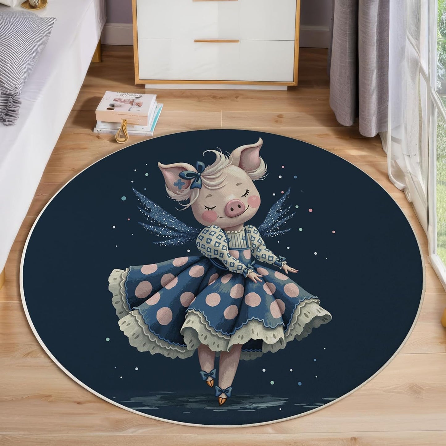 Washable Cute Dress Pig Area Rug, 4Ft Round Rugs for Living Room Soft Carpet for Bedroom Cartoon Animal Indoor Stain Resistant Non-Shedding Floor Carpet, Navy Blue, 4Ft-Round