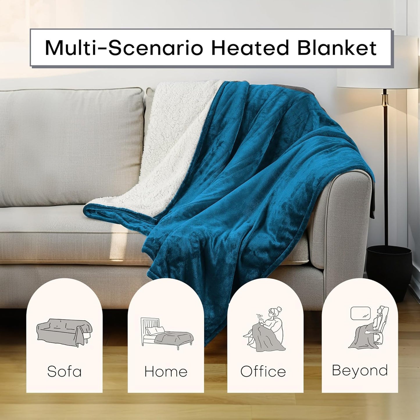 Electric Heated Blanket Throw Size 50"x60", 5 Heat Settings- 3H Auto Shut Off Flannel Material&Sheepskin Fabric, Machine Washable, Lake Blue&White