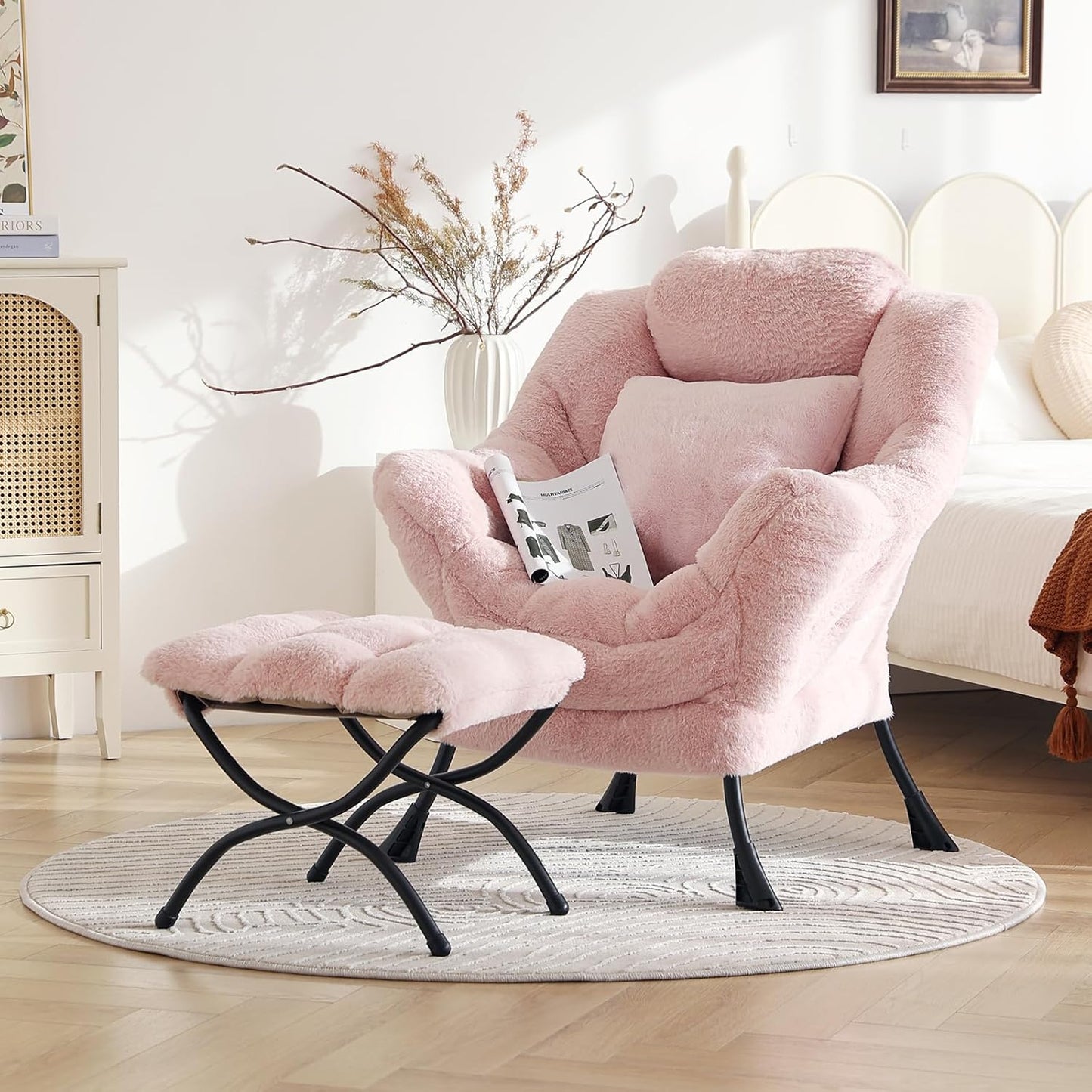 Lazy Chair with Ottoman, Large Pink Accent Chair with Ottoman and FA Throw Pillow, Comfy Plush Reading Chair for Living Room Bedroom Dorm Room Office Apartment Relaxing Use