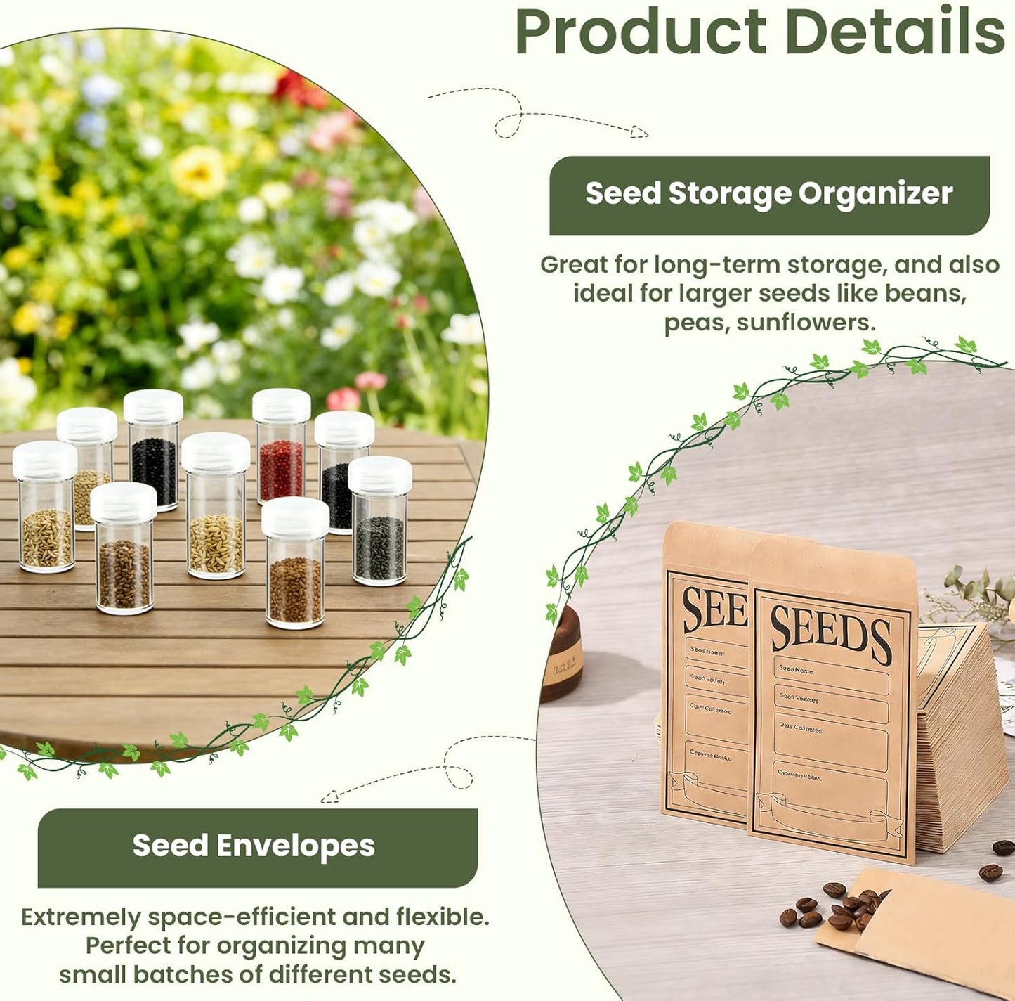 Seed Storage Organizer Box, Metal Seed Box, Garden Seed Organizer with Lid, Seed Containers Storage with 4 Compartments, 30 Seed Holder Organizers, 100pcs Seed Envelopes (Green)