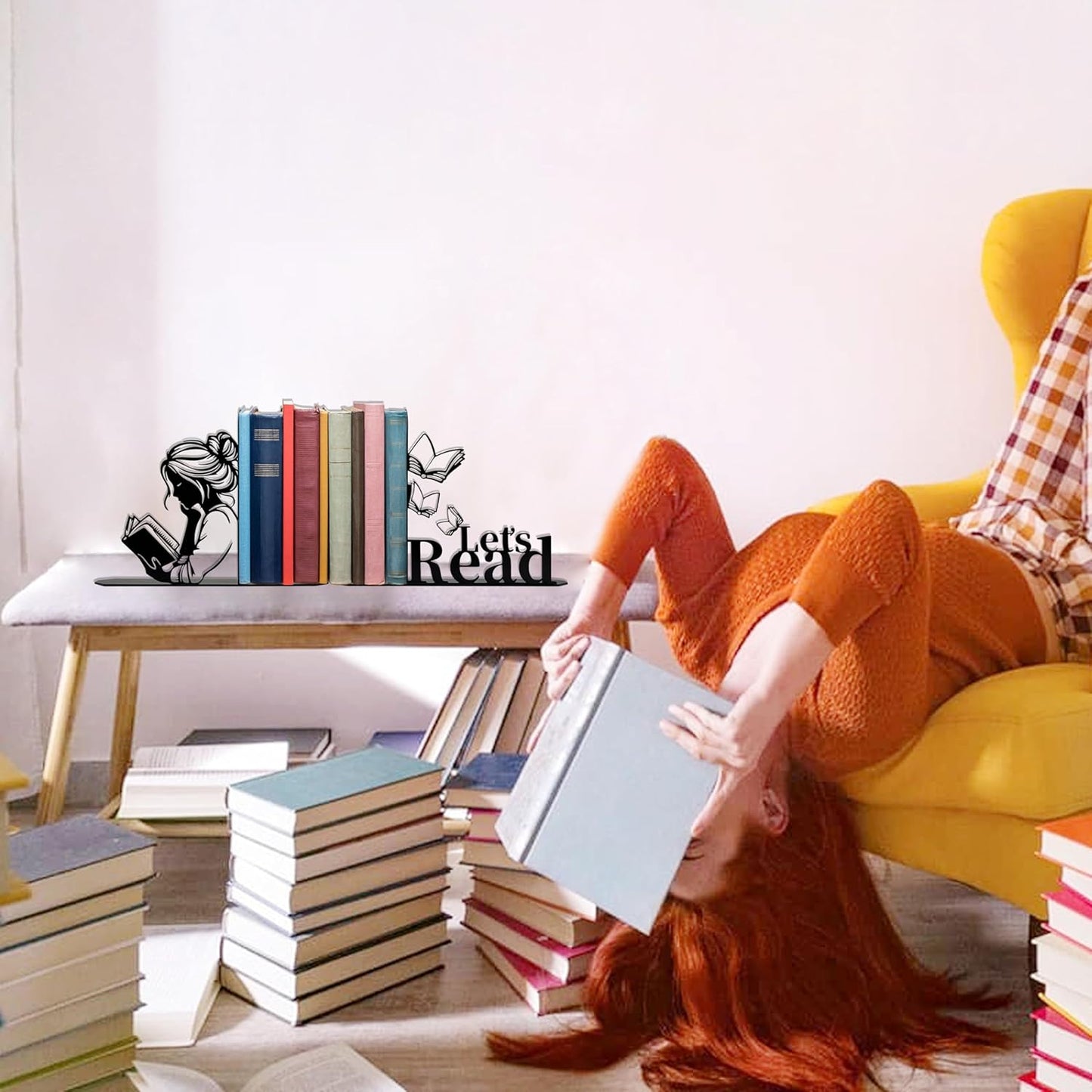 Metal Girl Reading Book Bookends，Lets Read Bookends for Shelves Bookshelf Decorative Objects Home Office Desk Bookshelf Decor Nice Gift for Women (Black)