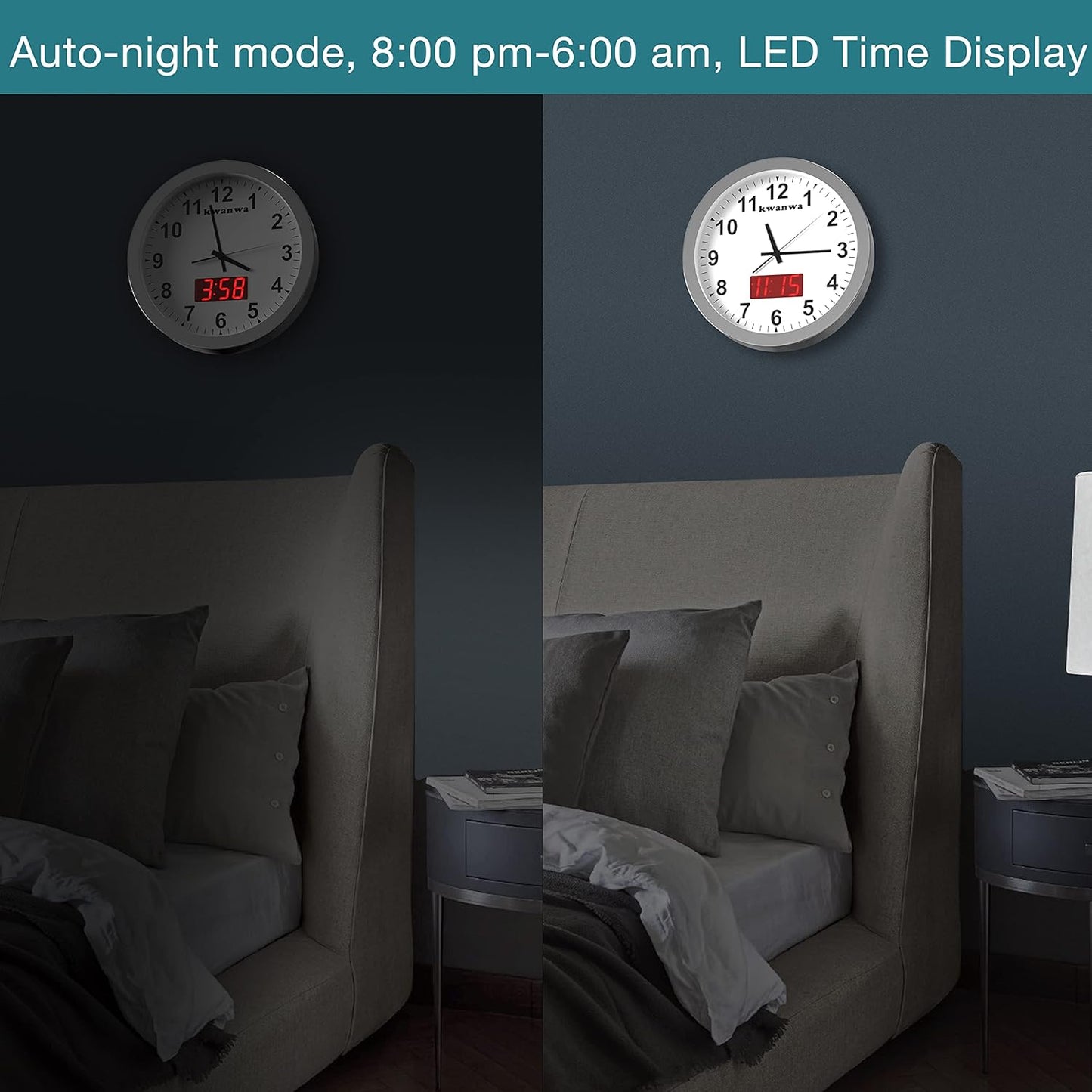 Wall Clock, 12" Metal Quartz LED Wall Clock, 1.4'' Light Sensor Auto Digital LED Time Display or Temperature, Adjustable Brightness, Battery Operated, Non Ticking Silent Quiet Sweep Second Hand