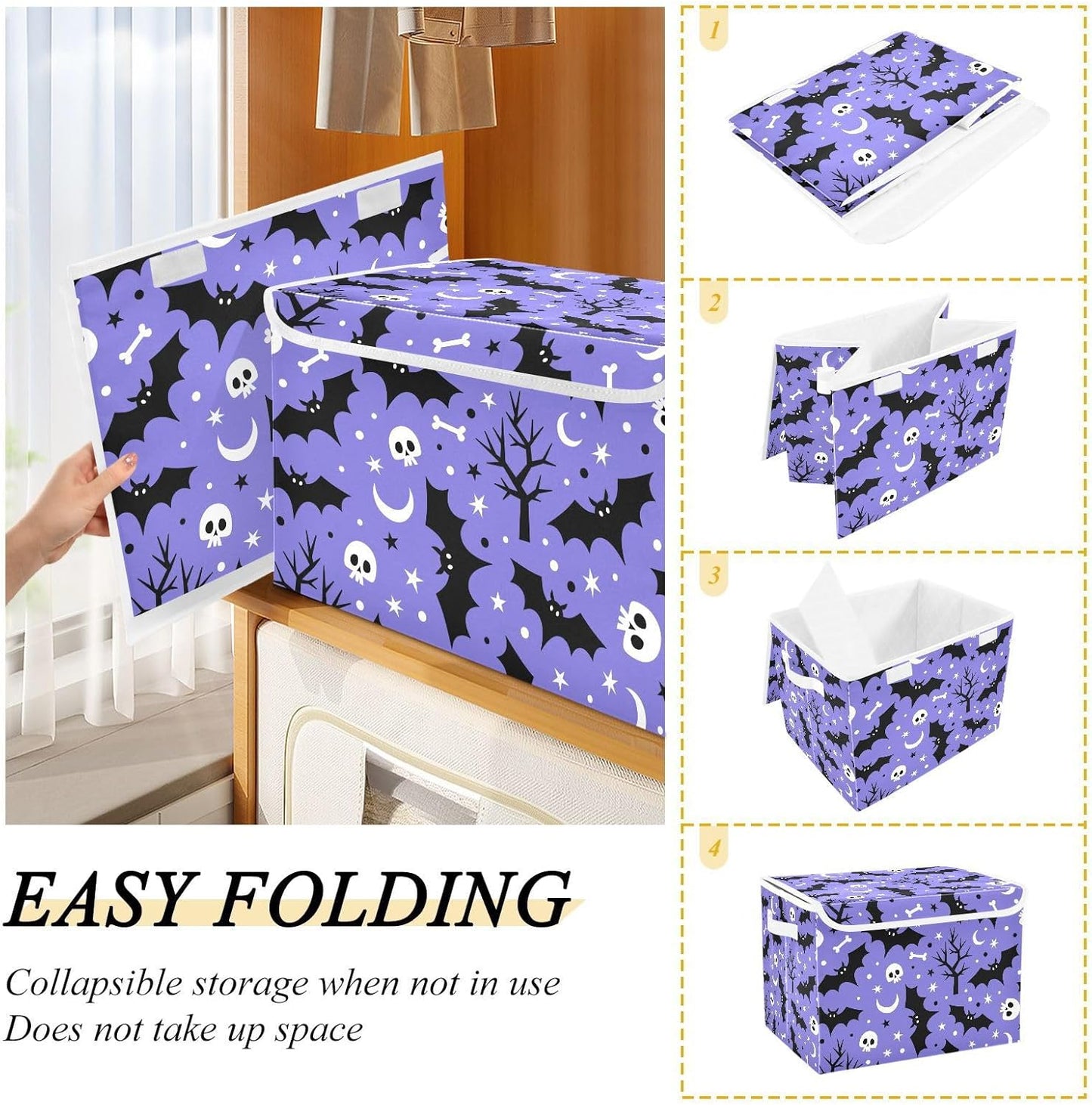 Halloween Bat Skull Moon Star Storage Bin with Lid Foldable Storage Box Washable Fabric Storage Cubes Bin Organizer Basket Closet for Home Bedroom Closet Nursery Office
