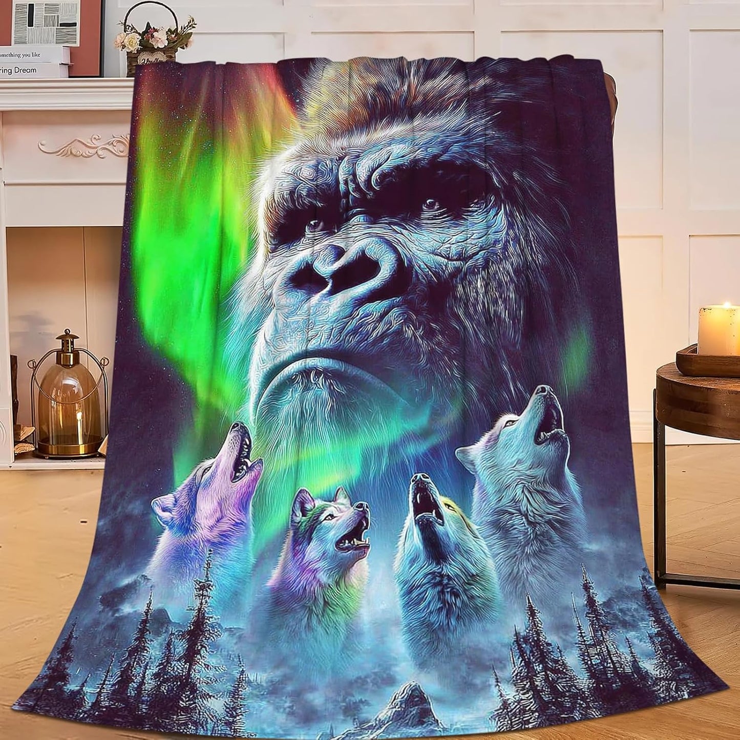 Gorilla Wolf Blanket for Girls Women Boys Men Adults Kids Soft Cozy Fleece Aurora Chimpanzee Foot Throw Blankets Gifts Warm Flannel Plush Lightweight Decor for Couch Bed Sofa 50"X40"