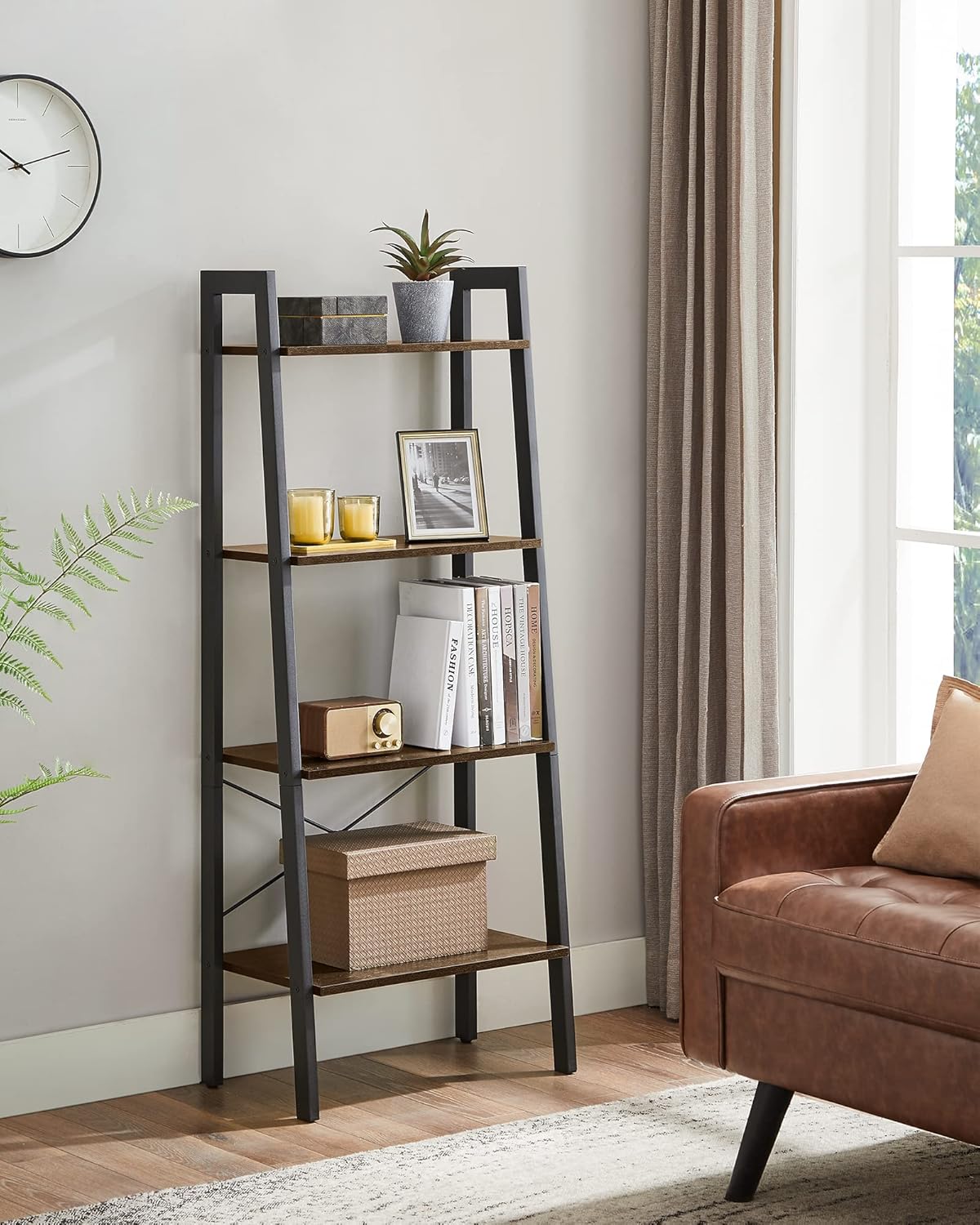 VASAGLE Ladder Shelf, 4-Tier Bookshelf, Storage Rack, Bookcase with Steel Frame, for Living Room, Home Office, Kitchen, Bedroom, Industrial Style, Hickory Brown and Ink Black ULLS44BF