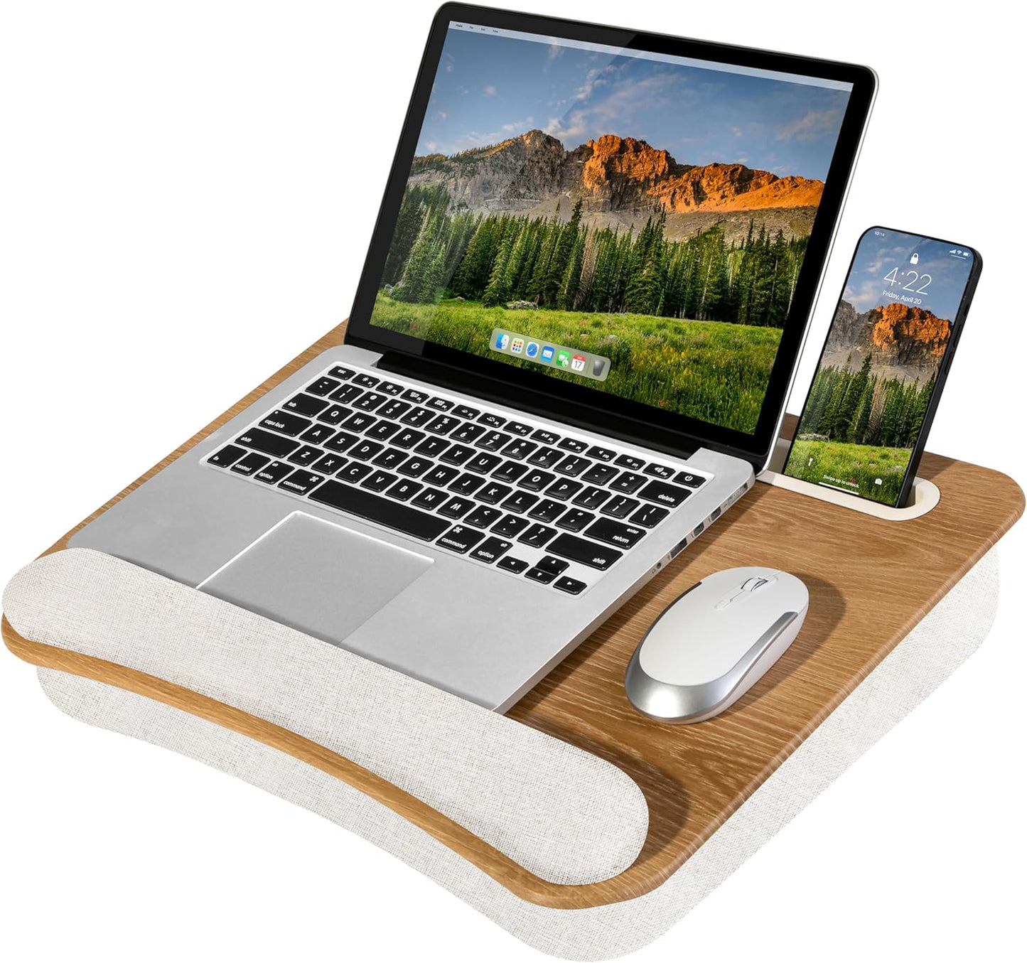 LAPGEAR Portable Laptop Lap Desk with Pillow Cushion, Anti-Slip Strip, Tablet or Phone Storage Slot, Pen and Pencil Pocket, and Wrist Rest - White Oak Woodgrain - Fits 15.6" Laptops - Style No. 91349