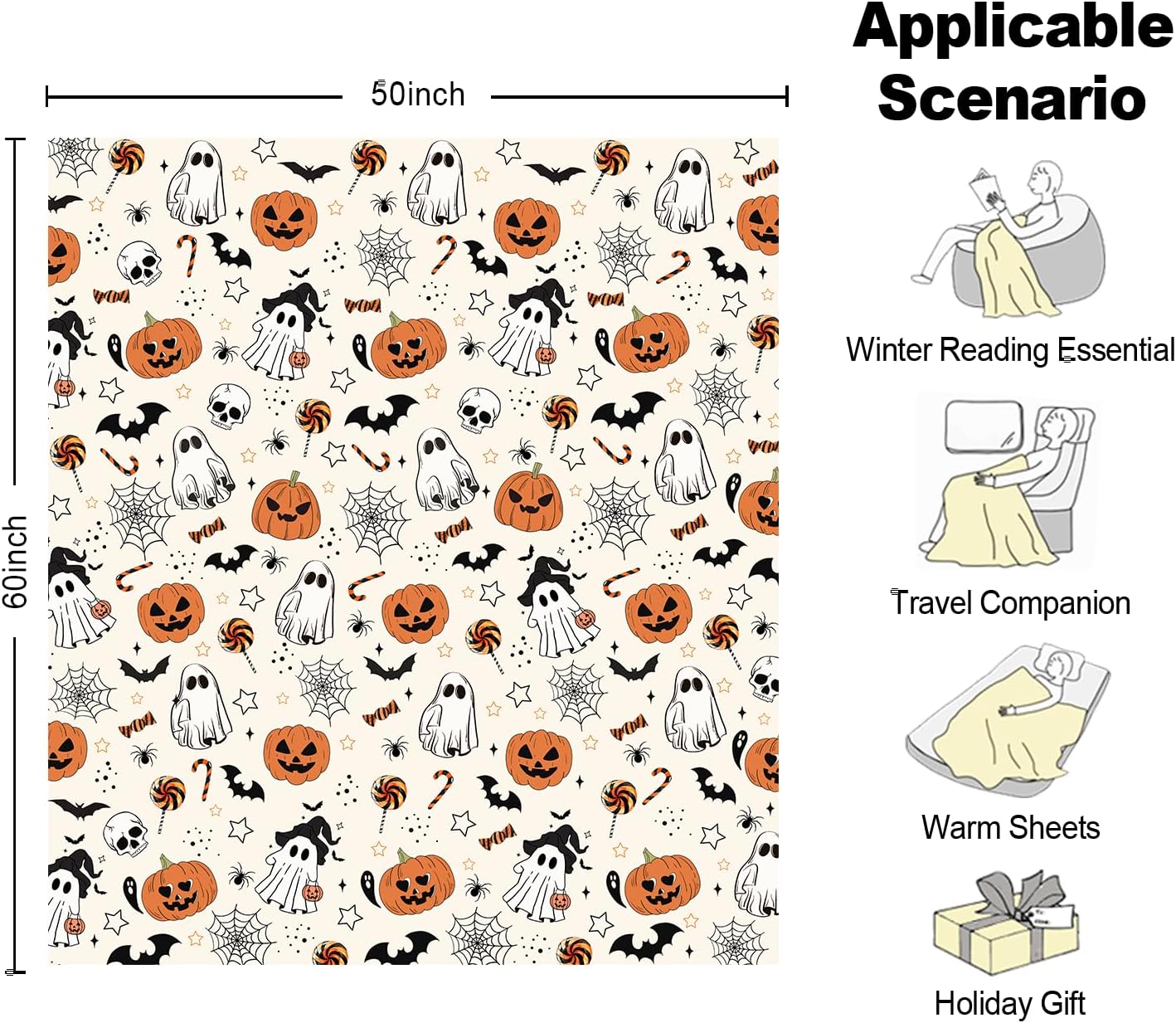 Halloween Ghost Boo Blanket- Fun and Cute Flannel Soft Warm Blanket for Sofas and Chairs - 50x60 Inch