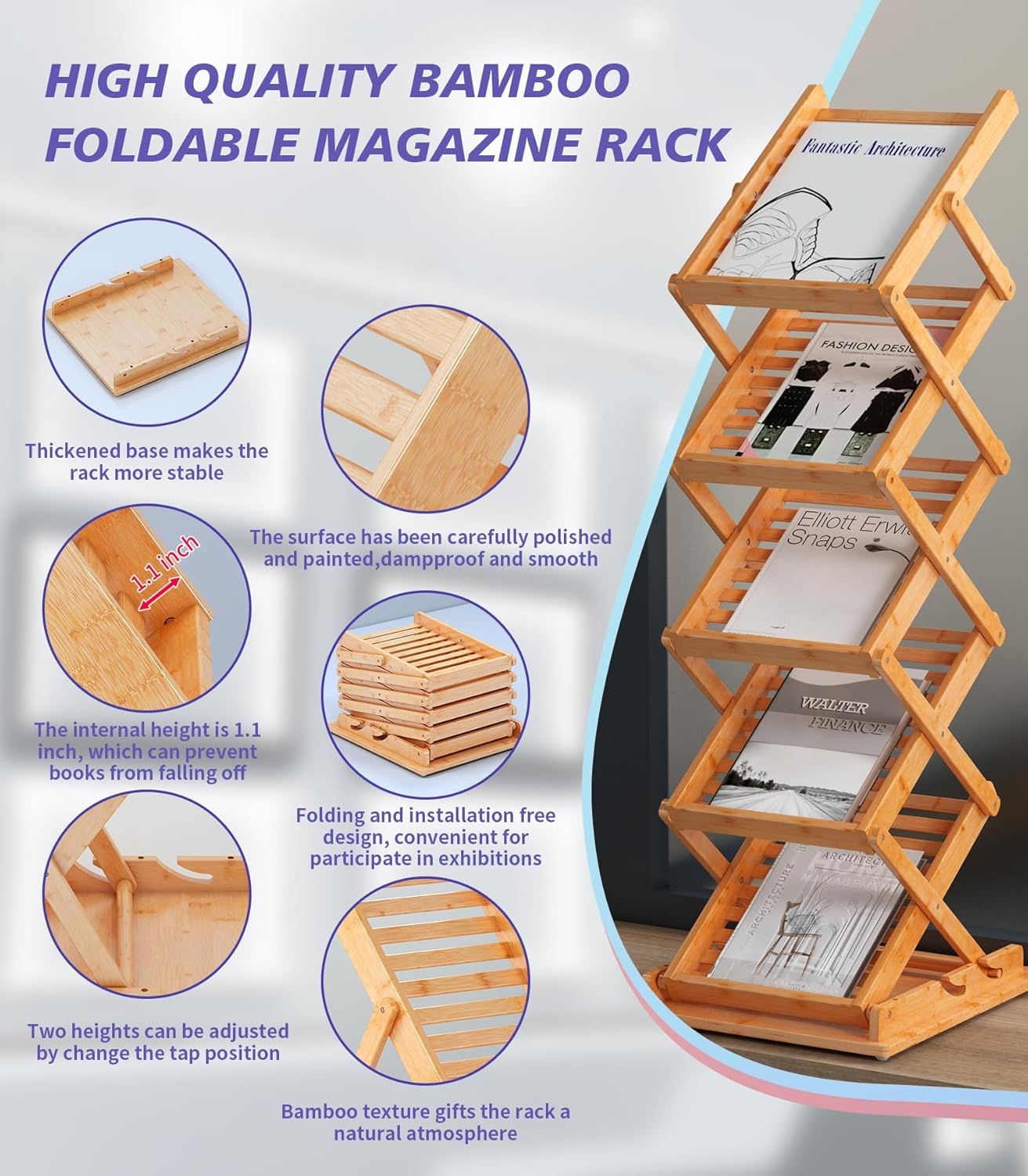 Premium Bamboo Magazine Rack - 5-Pocket Foldable Display Stand for Office, Trade Shows & Home Organization - A4 Literature Holder