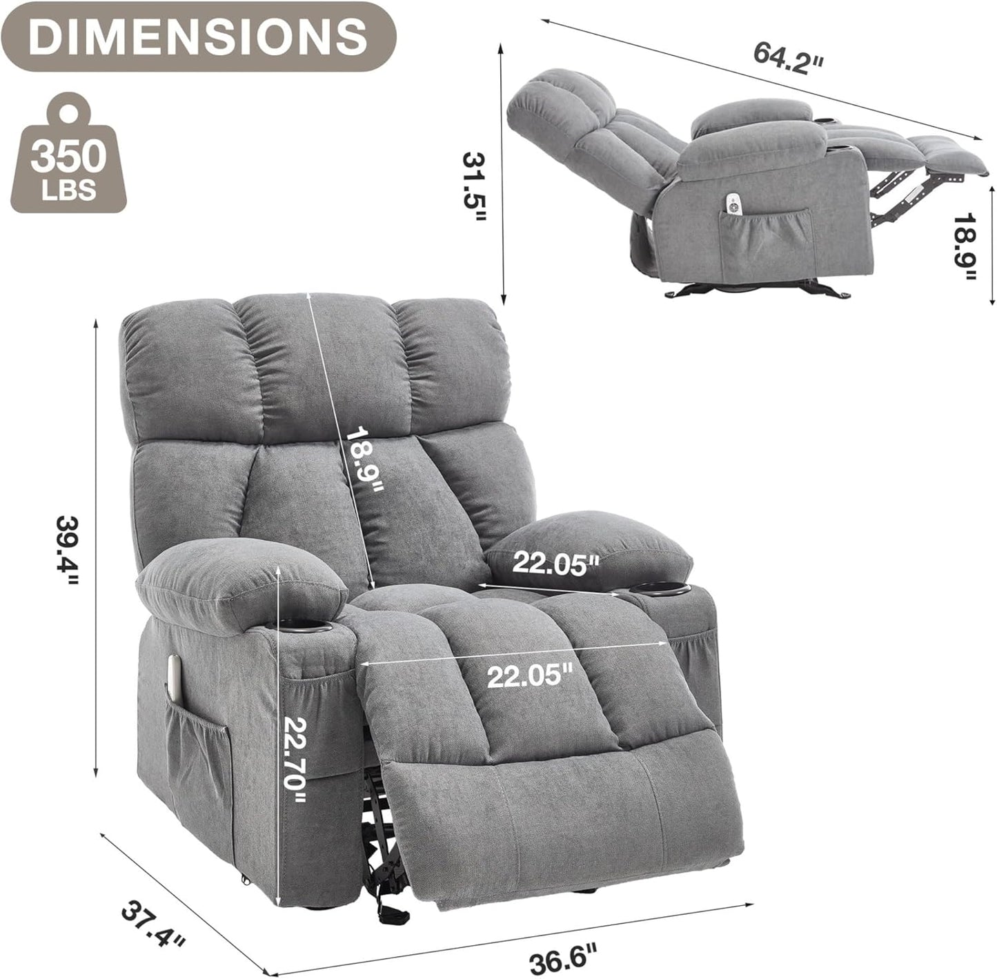 Ergonomic Rocking Lounge Chair Massage Rocker Recliner Chair for Living Room Comfy Overstuffed Recliner with Heat and Vibration Grey with USB Charge Port 4 Side Pockets 2 Cup Holders