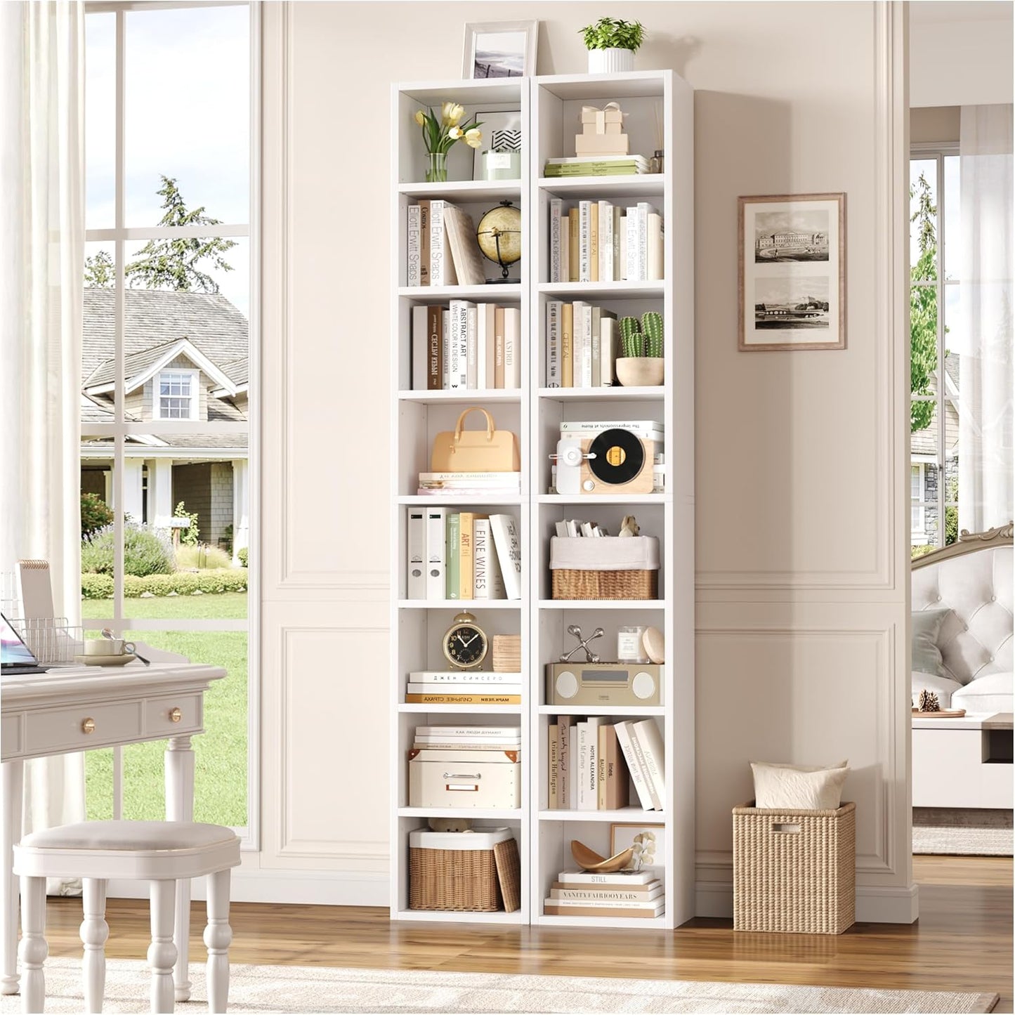 FOTOSOK White Bookshelf 8-Tier Media Tower Rack, 11.6 X 9.3 X 70.9 Inches CD DVD Slim Storage Cabinet with Adjustable Shelves, Tall Narrow Bookcase Display Bookshelf for Home Office, White