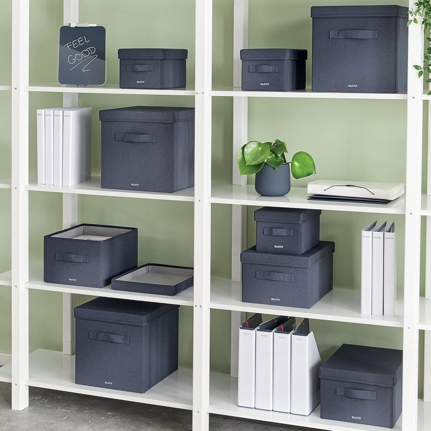 Leitz Fabric Storage Box with Lid, Set of 2 Cube Storage Unit Boxes, Foldable Fabric Ottoman Storage Organiser Box, Velvet Grey, Small, 61460089