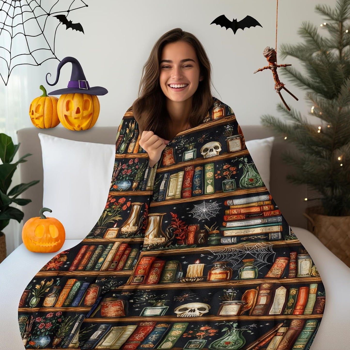 Halloween Bookshelf Blanket for Book Lovers 60"x50", Fall Throw Blankets Lounging Blanket for Reading Area Couch Office Reading Area Bookworm Adults, Wife