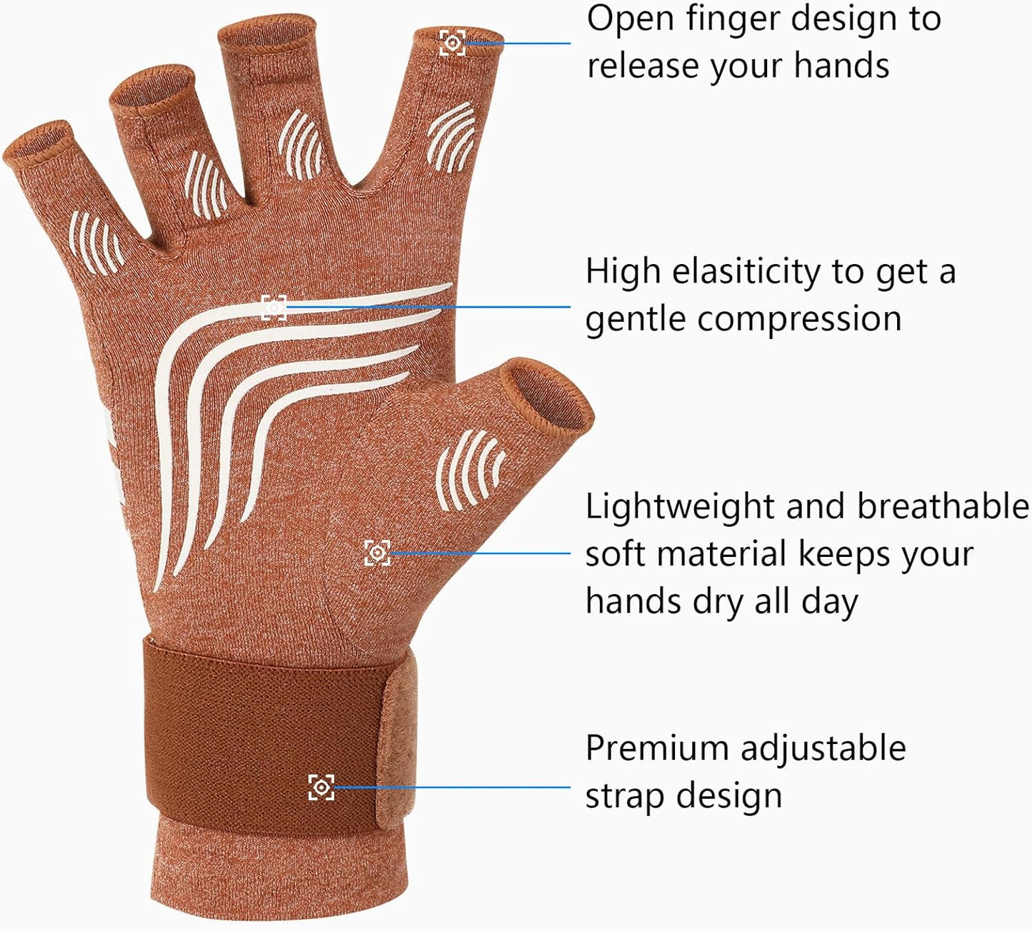 Duerer Arthritis Compression Gloves with Straps, Women Men for RSI, Carpal Tunnel, Rheumatoid, Tendonitis, Hand Pain, Hand Support. Fingerless Gloves for Computer Typing and Daily work (Brown, XL)