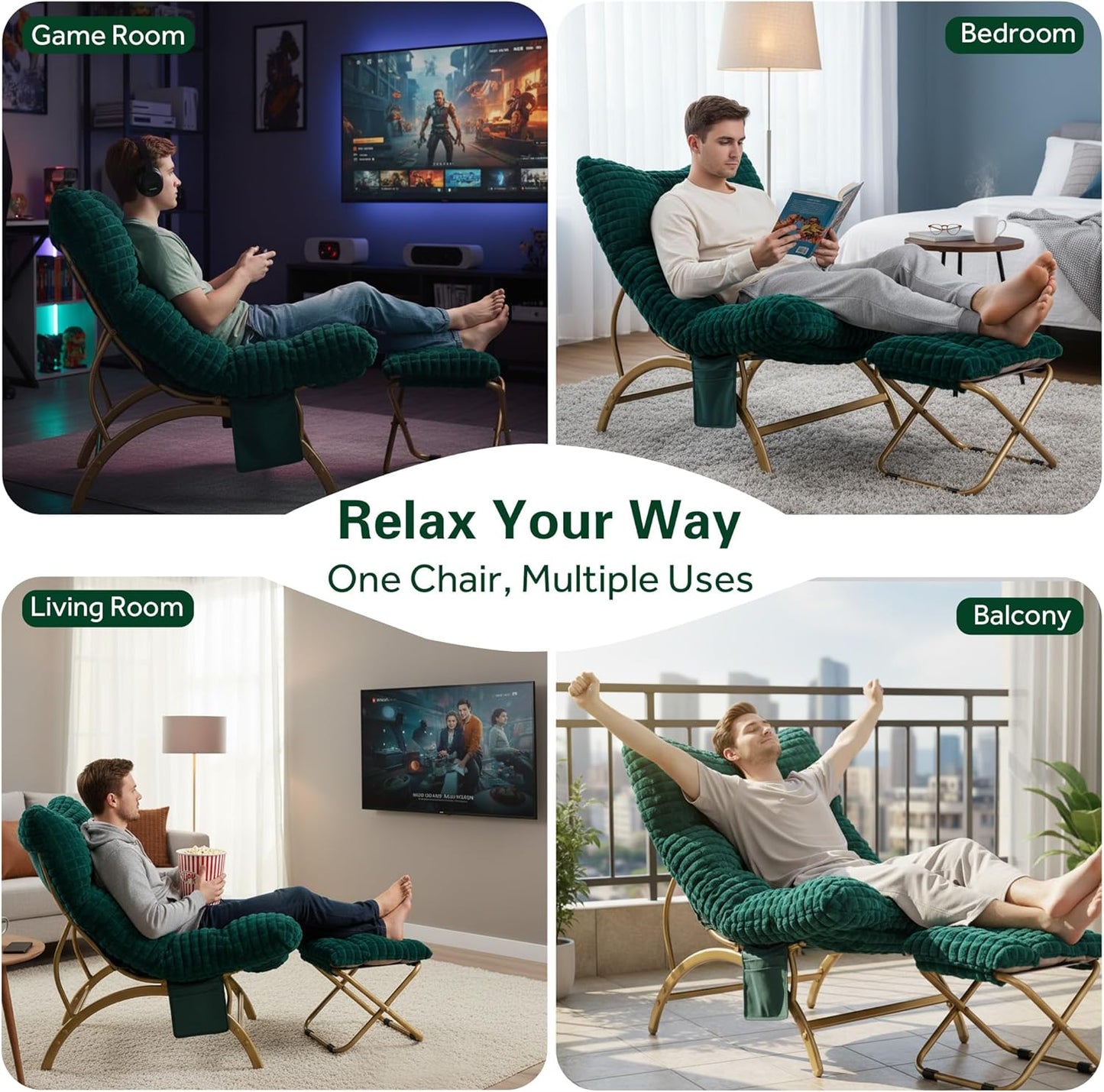 Welnow Dark Green Lazy Chair with Ottoman, Oversized Reading Chair for Adults, Soft Padded Lounge Accent Chair for Living Room, Bedroom, Comfortable Reclining Leisure Chair with Side Pocket