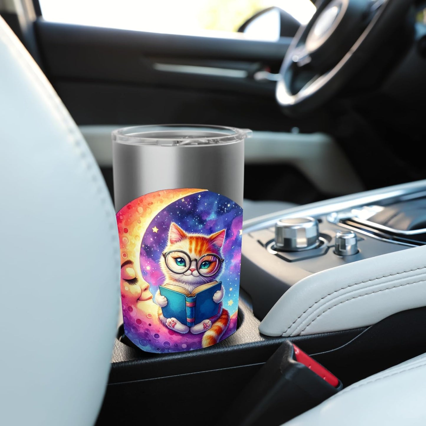 Cat Reading Book On Crescent Moon Watercolor Teacher Graphic Stainless Steel Insulated Tumbler