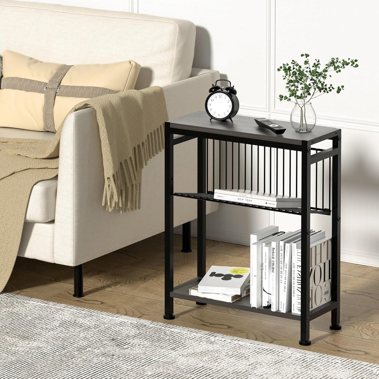 Side Table for Small Spaces, Narrow End Table with Magazine Holder, 2 in 1 Design Slim Side Table, Skinny Nightstand for Living Room Bedroom, Thin Side Magazine Table, Grey