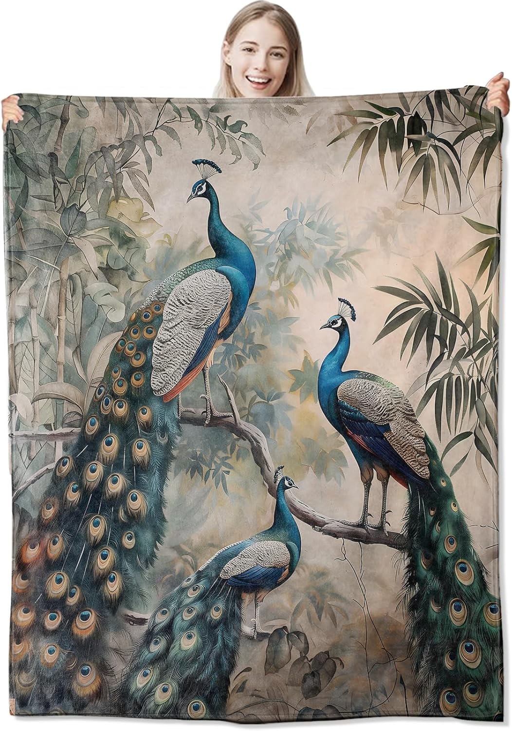 Vintage Peacock Flannel Throw Blanket 50x60 Inch, Elegant Animal Perched on Botanical Branch Blankets Soft Cozy Fleece Throws for Nature Lover Bed Sofa Dorm Living Room Home Decor Gifts
