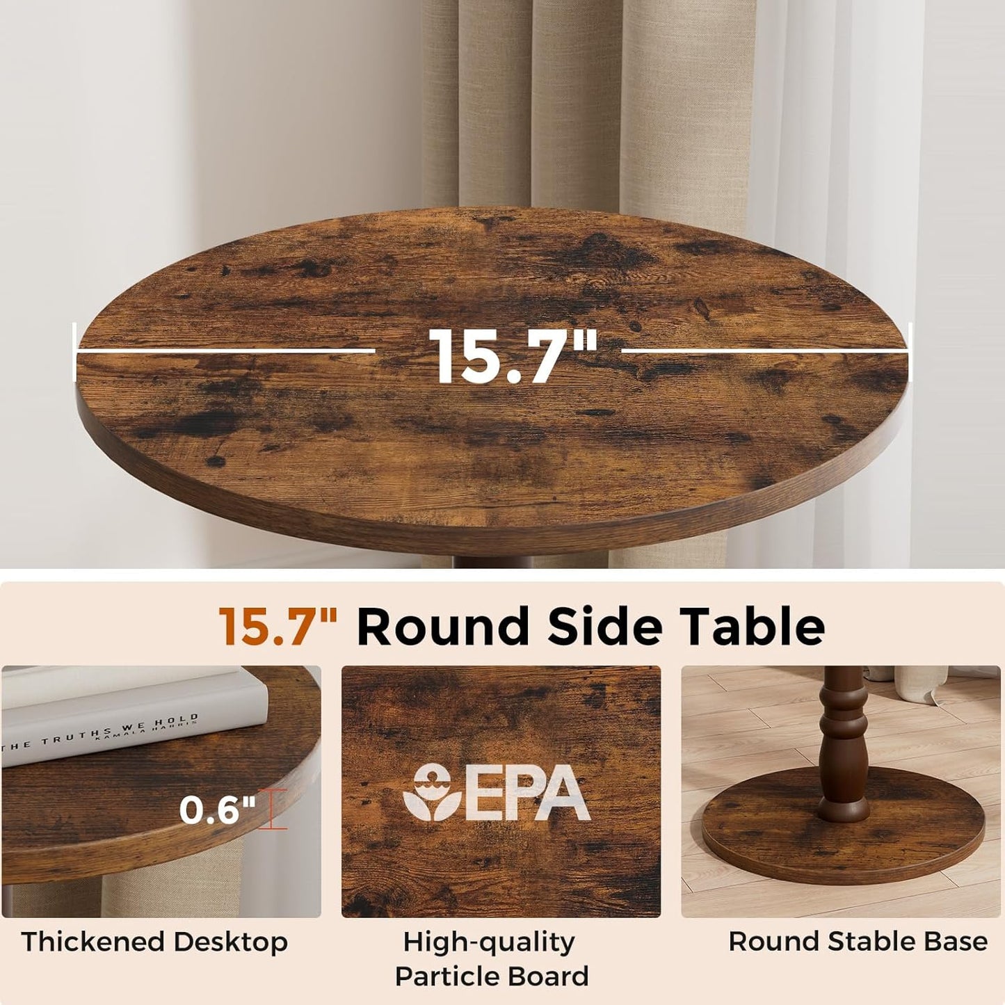 16" Round Side Tables, Solid Wood Pillar with Wood Top & Base, Small Drink Accent Table for Living Room, Bedroom, Sofa & Office, Easy Assembly, Rustic Brown