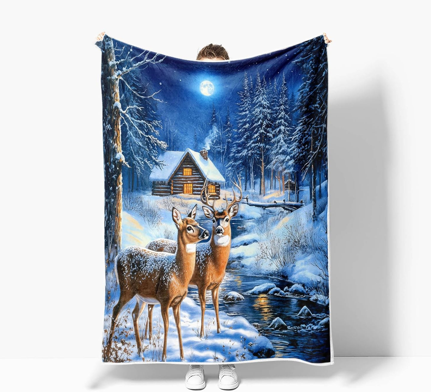 Christmas Throw Blanket, Winter Deer Snow Forest Holiday Theme Blanket for Couch and Bed, Warm Cozy Winter Cabin Throw, Super Soft, 50x60 Inch, Blue