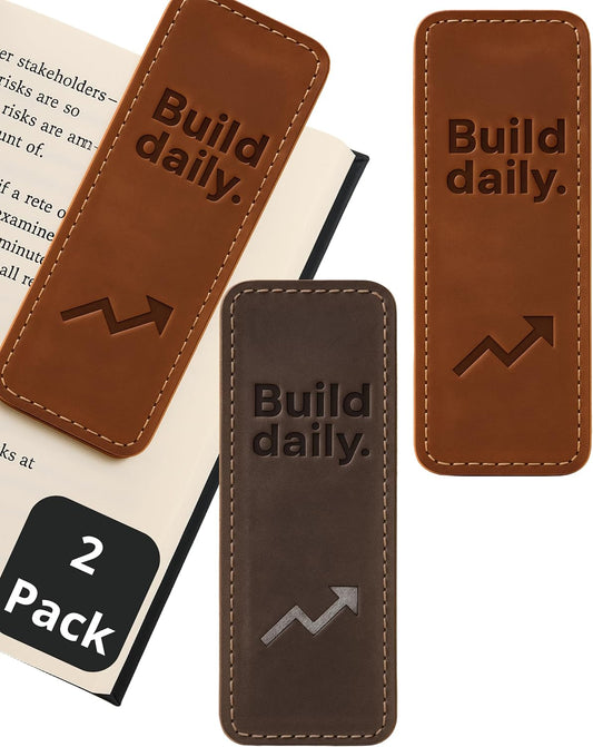 Handmade Leather Bookmarks for Men (2 Pack) - Build Daily Motivational Quote - Full Grain Leather Page Markers for Books, Bible, & Journals - Unique Inspirational Gift for Entrepreneurs & BookLovers