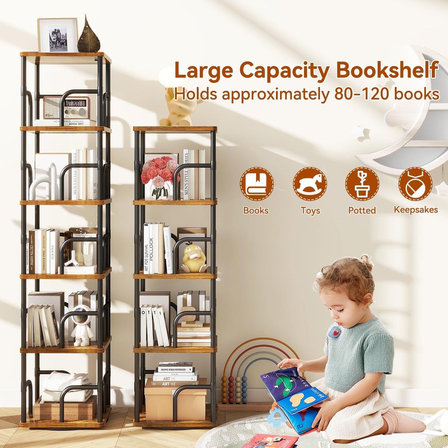 IBUYKE 6 Tier Square Rotating Bookshelf, 360° Spinning Bookcases Tower,Freestanding Corner Bookshelf with Rails,Industrial Swivel Bookcase Organizer for Bedroom, Living Room,Study,Brown,UTBC005H
