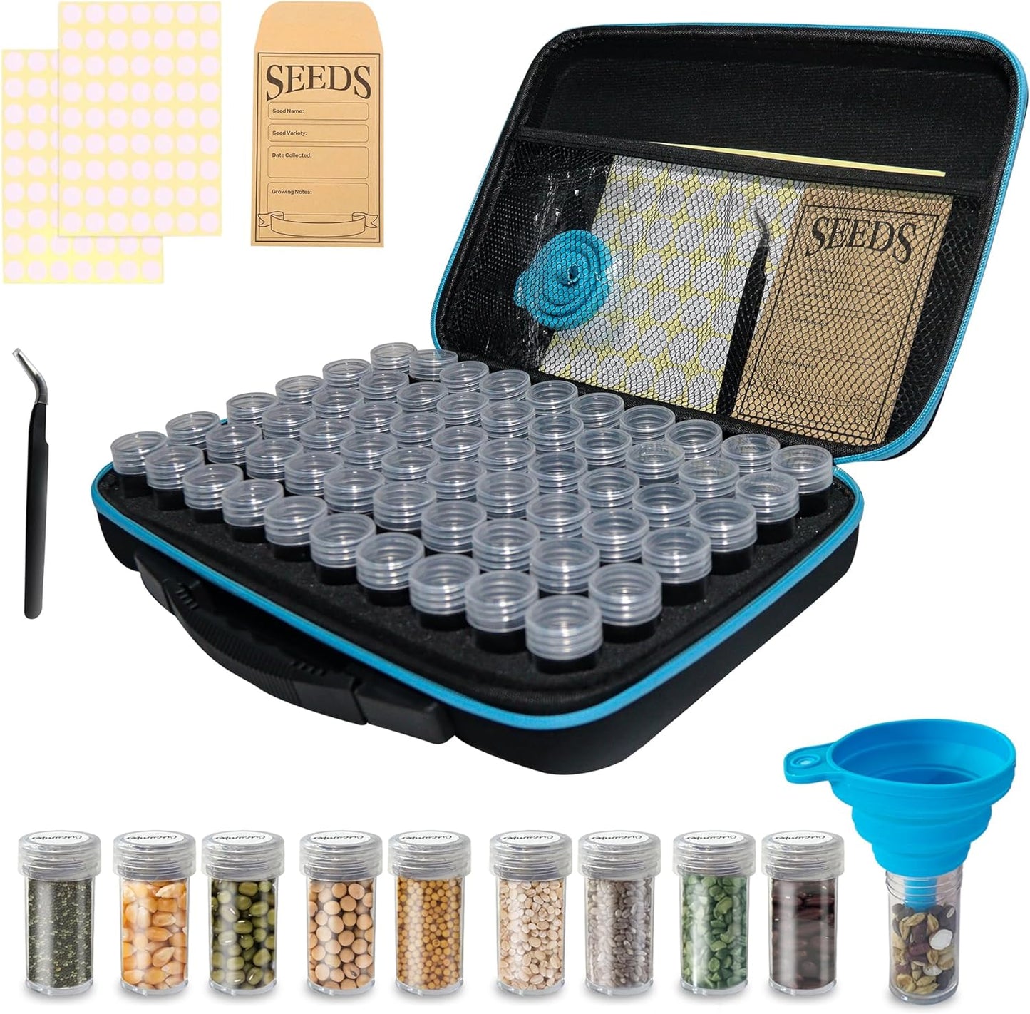 60 Slots Seed Storage Organizer Box with 10 Seed Envelopes, Large Capacity Seed Storage Container with Zipper Bag, Label Stickers, Tweezers, Funnel, Garden Seeds Saver Kit for Vegetable, Flower