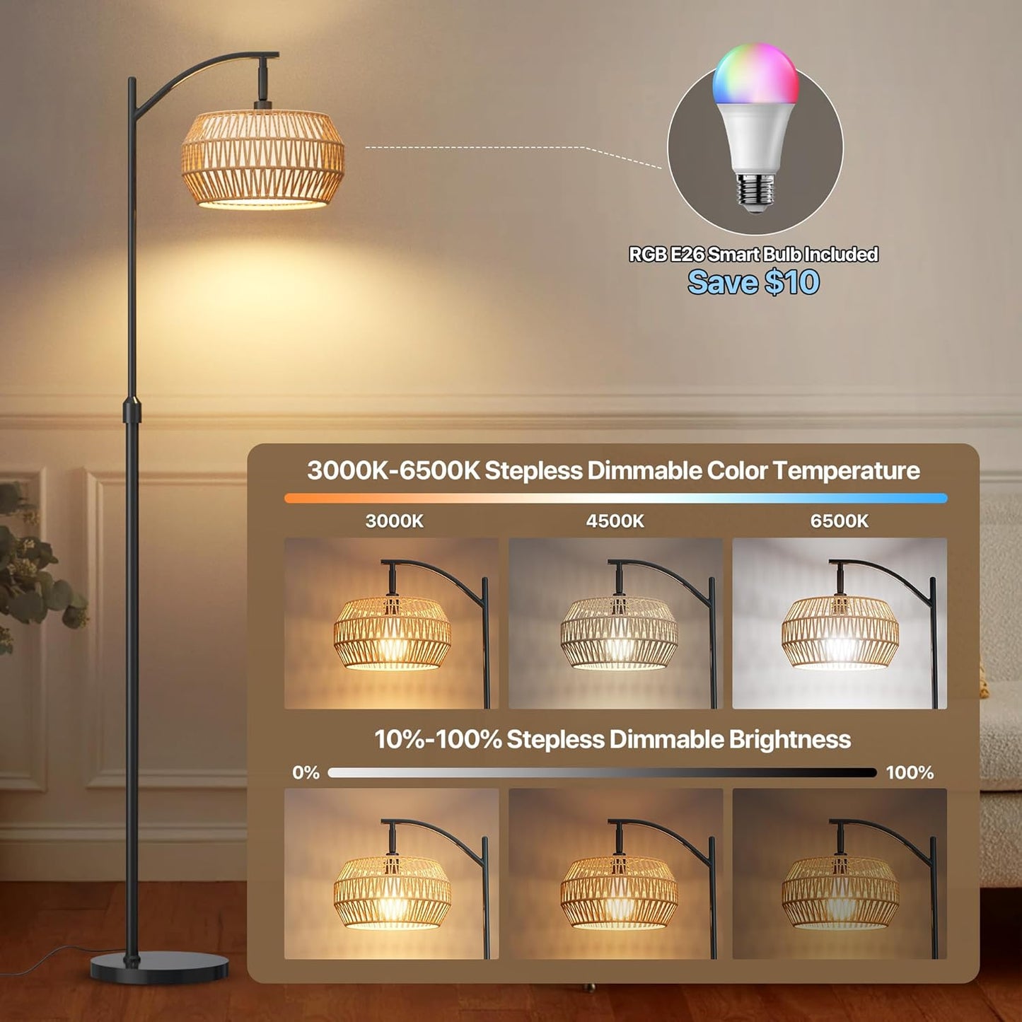 Arc Floor Lamps for Living Room with 3 Color Temperatures, Boho Farmhouse Floor Lamp with Remote & Dimmable RGB Bulb, Standing Lamp with Rattan & Fabric Shades, Adjustable Tall Lamp for Bedroom Office