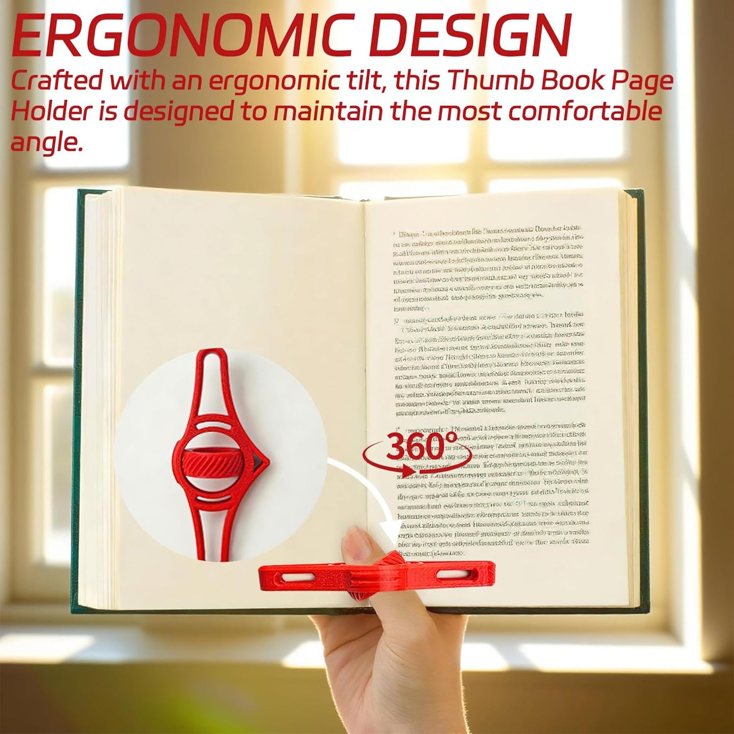 2 Pcs Thumb Page Book Holder for Reading, Rotating Ergonomic Design Reader Book Holder Ring, Adjustable Dual-Angle Tilting Page Device, Bookmark Accessories for Reading Lover (Red)