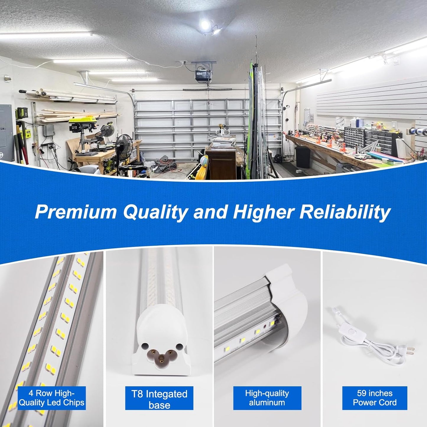 Led Shop Lights, 4FT LED Light 50W 6500K 7000LM Daylight,Led Garage Light,Linkable Clear Cover Integrated V-Shape for Garage Warehouse Workbench Workshop(4-Pack)