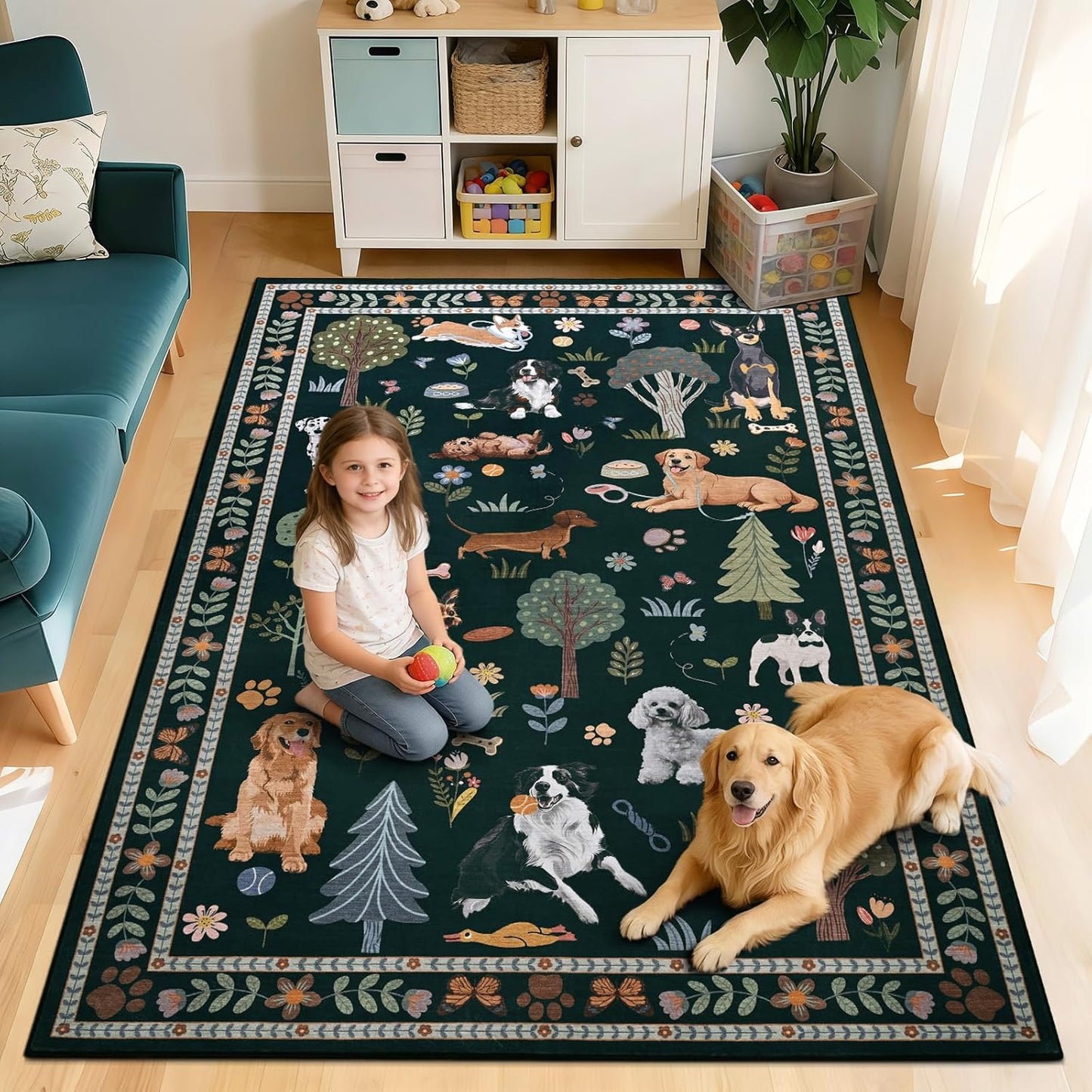 ST. BRIDGE 5x7 Black Living Room Rug, Washable Large Area Rug with Non Slip Backing, Soft Stain Resistant Dog Rugs, Low Pile Animal Indoor Carpet for Kids Room Bedroom Dining Room Home Office