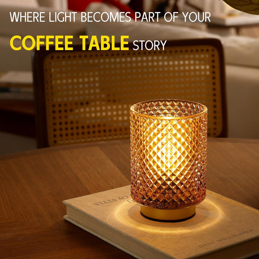 Battery Operated Lamp,Cordless Glass Accent Table Lamp with Timer for Bedside,Small Decorative Lamp with Warm White LED Bulb for Nightstand/Bookshelf/Entryway/Tabletop Counter Decor(Amber)