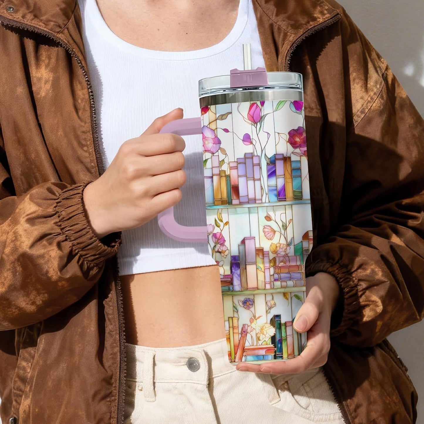 Reading Tumbler 40oz Stainless Steel with Handle and Straw Bookish Travel Mug Insulated Coffee Cup Gift for Book Lovers Women Teacher Librarian