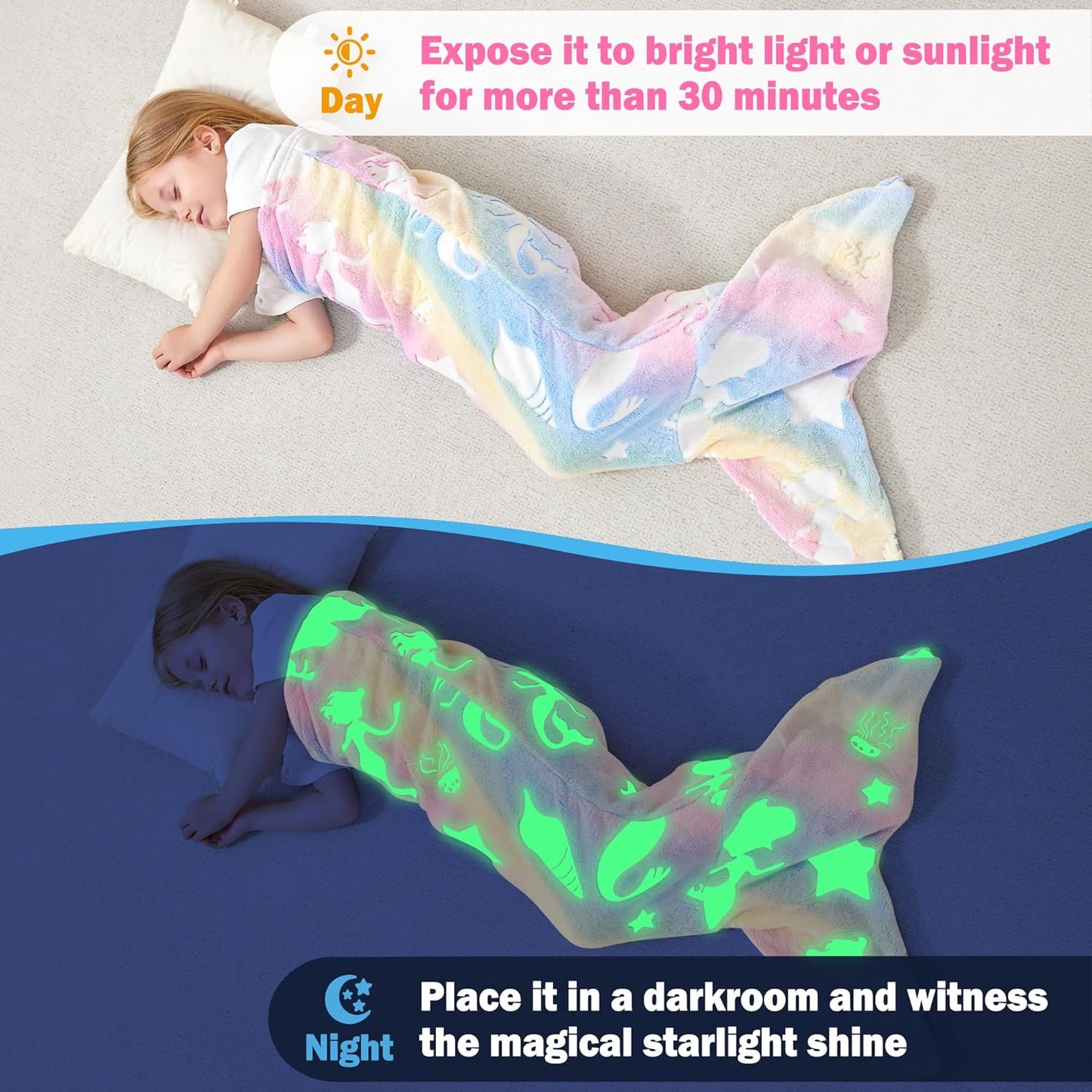 Viviland Kids Mermaid Tail Blanket - Mermaid Tail Blankets Glow in The Dark - Flannel Mermaid Blanket Gifts for Girls - Luminous Unicorn Super Soft Tie Dye Girls - Multicolor Jellyfish 17"×39"