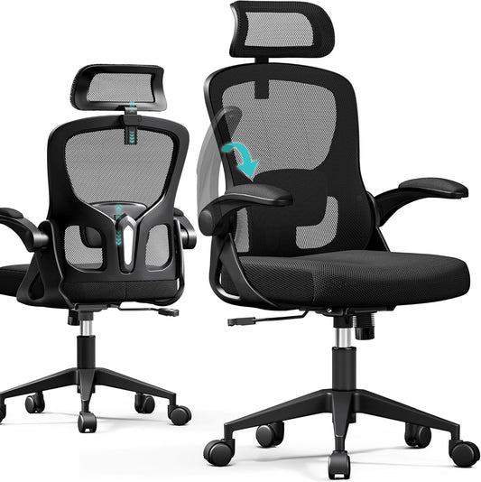 Ergonomic Office Chair, Mesh Desk Chair with Adjustable Headrest & Lumbar Support, Rolling Computer Chair with Flip-up Armrests, Comfy Swivel Home Office Chair for Long Hours - Black