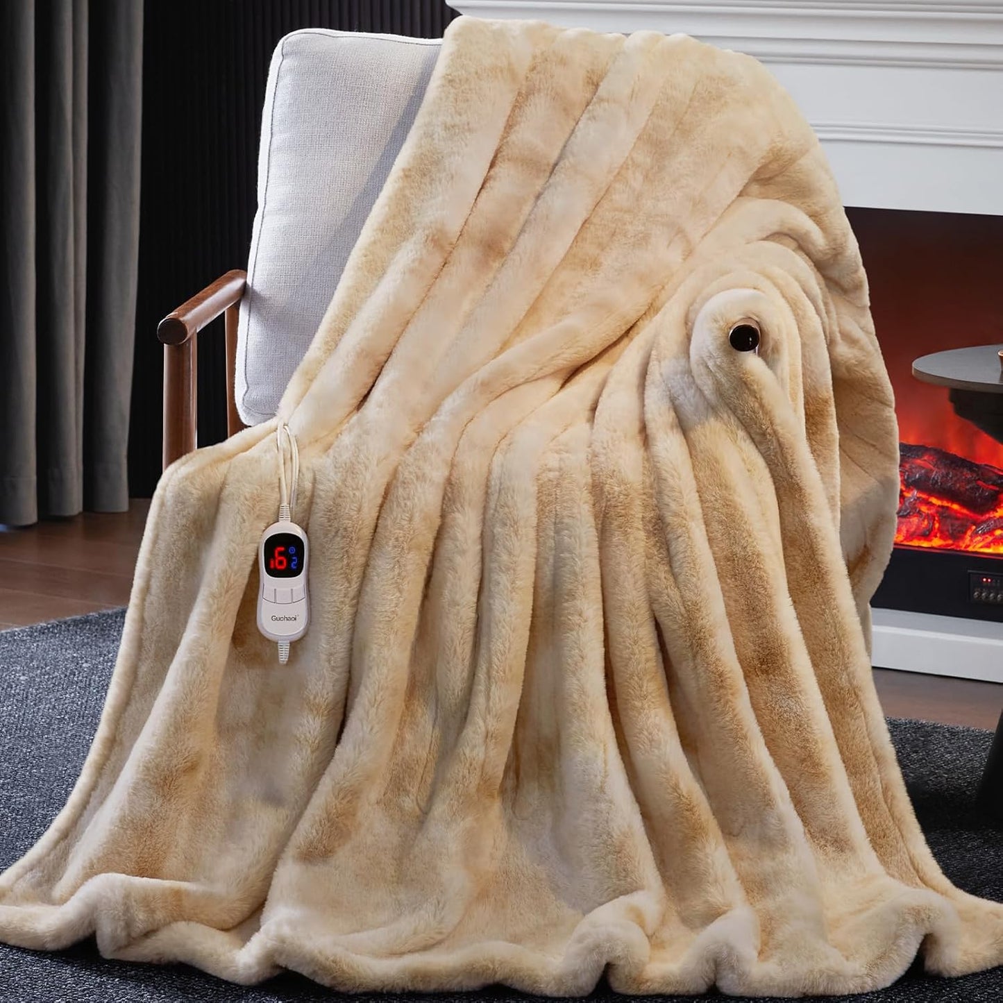 Guohaoi Heated Blanket Electric Throw, Soft Faux Rabbit Fur Electric Blanket with 10 Heating Levels 5 Sitting Timer Auto Off, Cozy Warm Heating Blankets, Machine Washable(50"×60" Beige)