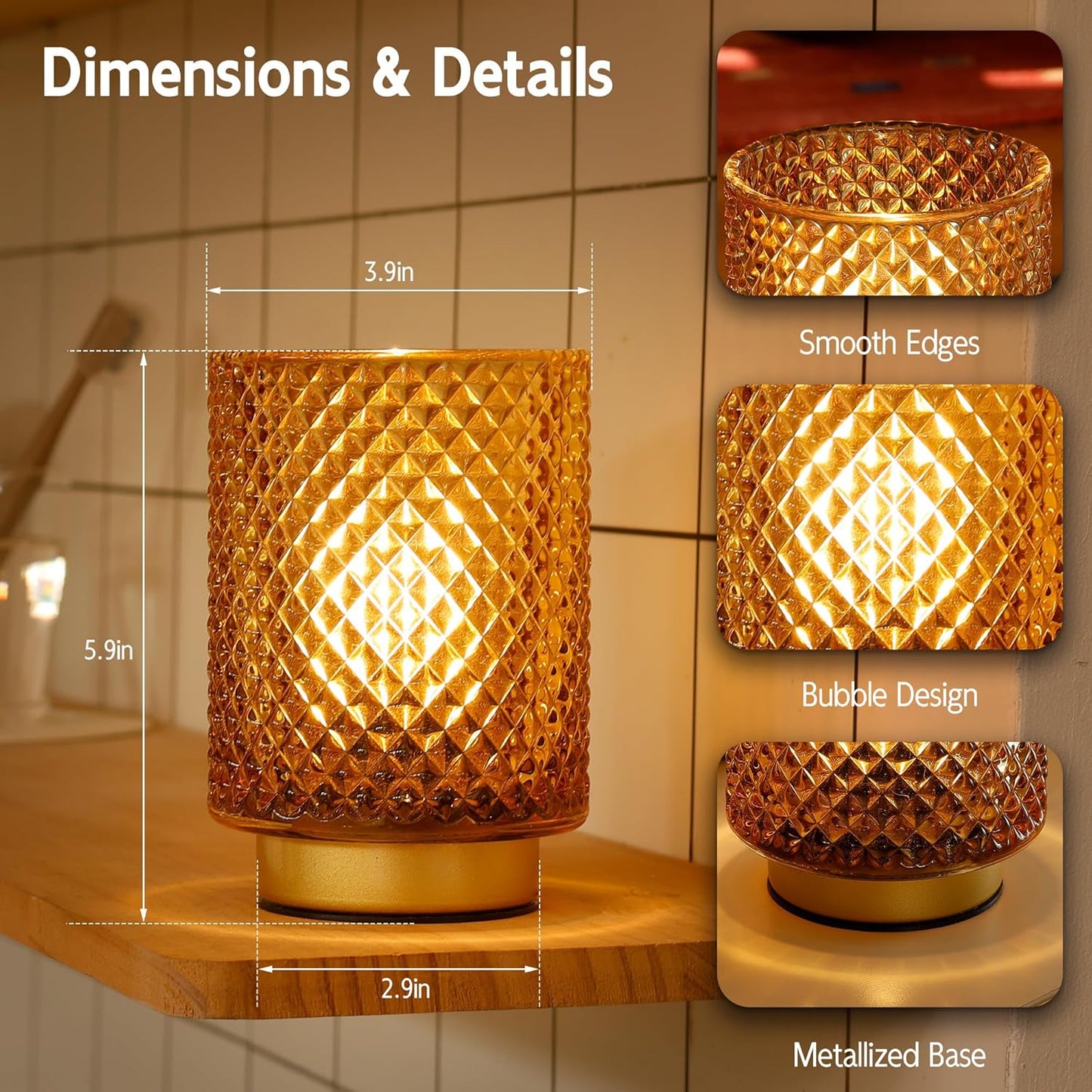 Battery Operated Lamp,Cordless Glass Accent Table Lamp with Timer for Bedside,Small Decorative Lamp with Warm White LED Bulb for Nightstand/Bookshelf/Entryway/Tabletop Counter Decor(Amber)