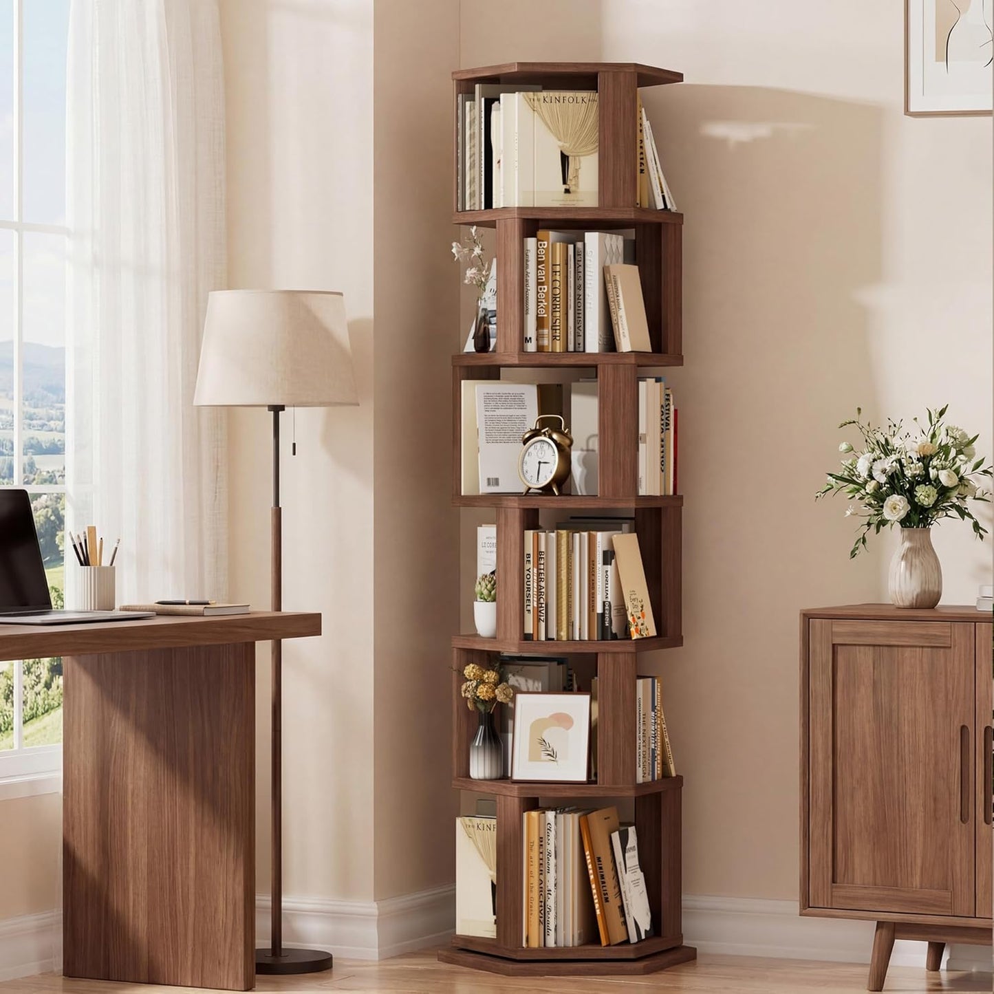 Rotating Bookshelf Tower, 6 Tier Spinning Book Shelf, Wood Round Revolving Bookcase, Narrow Rolling Bookshelves, Vertical Book Storage for Corner Small Spaces, Bedroom, Living Room,Walnut