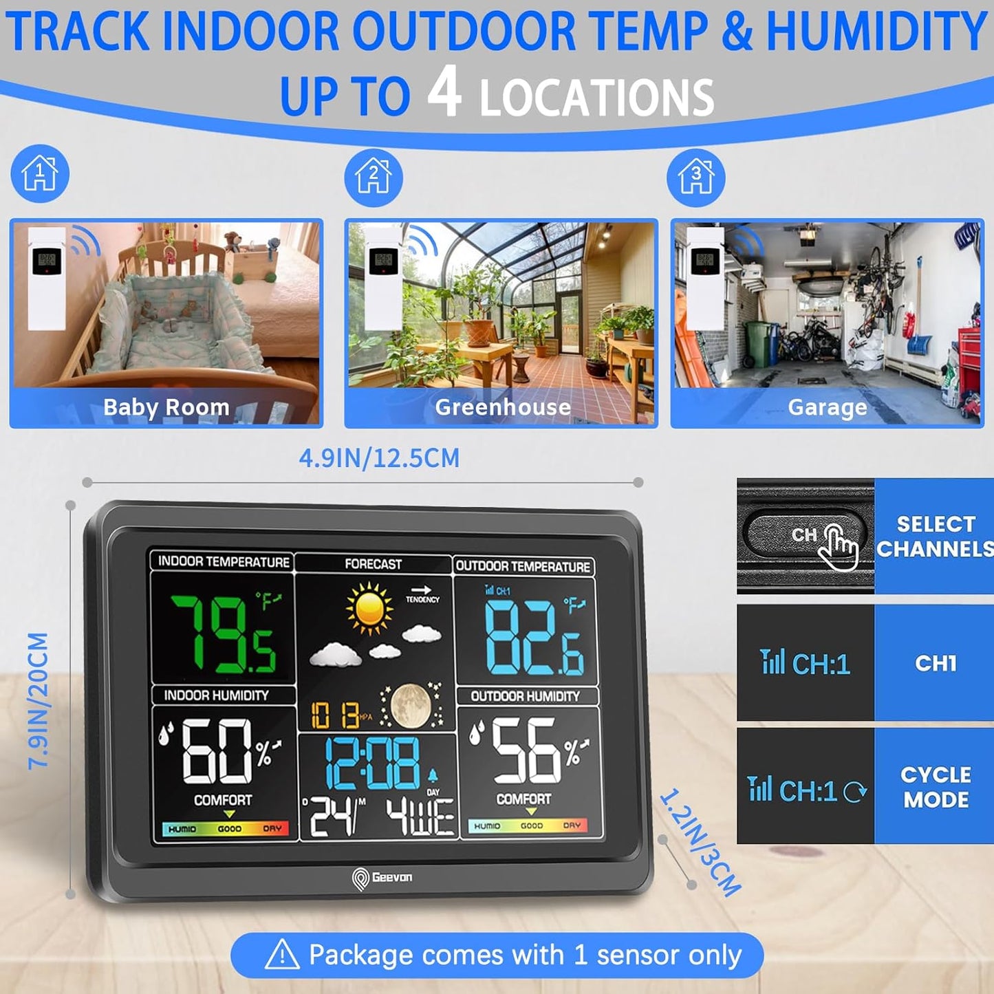 Geevon Weather Stations Wireless Indoor Outdoor Thermometer, Color VA Display Digital Weather Thermometer, Temperature Humidity Monitor with Barometer, Calendar, and Adjustable Backlight