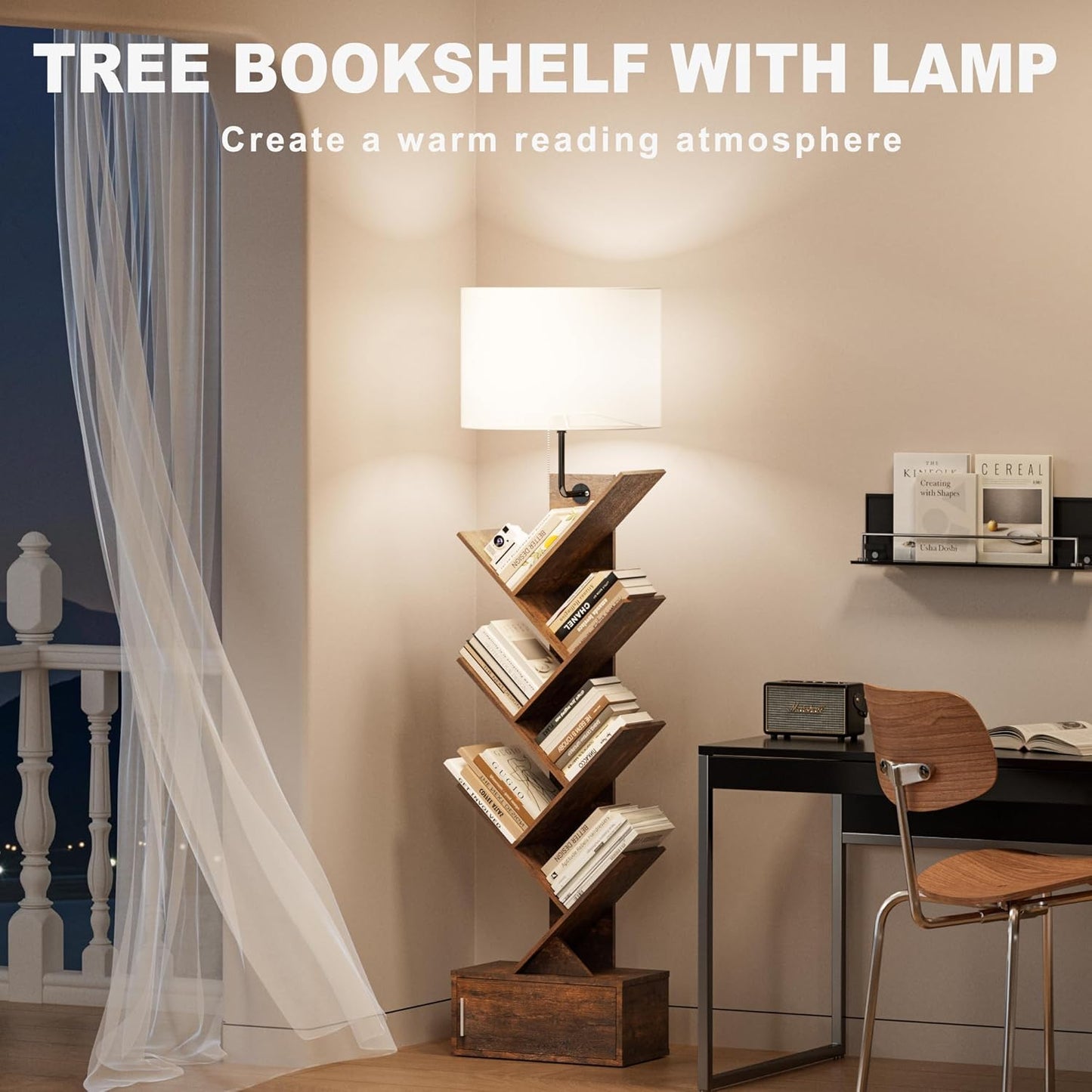 Tree Bookshelf with Light, 6 Tier Narrow Bookcase with Storage Cabinet, Tall Corner Book Shelf for Small Spaces, Vertical Floor Standing Organizer for Bedroom Living Room Home Office, Rustic Brown